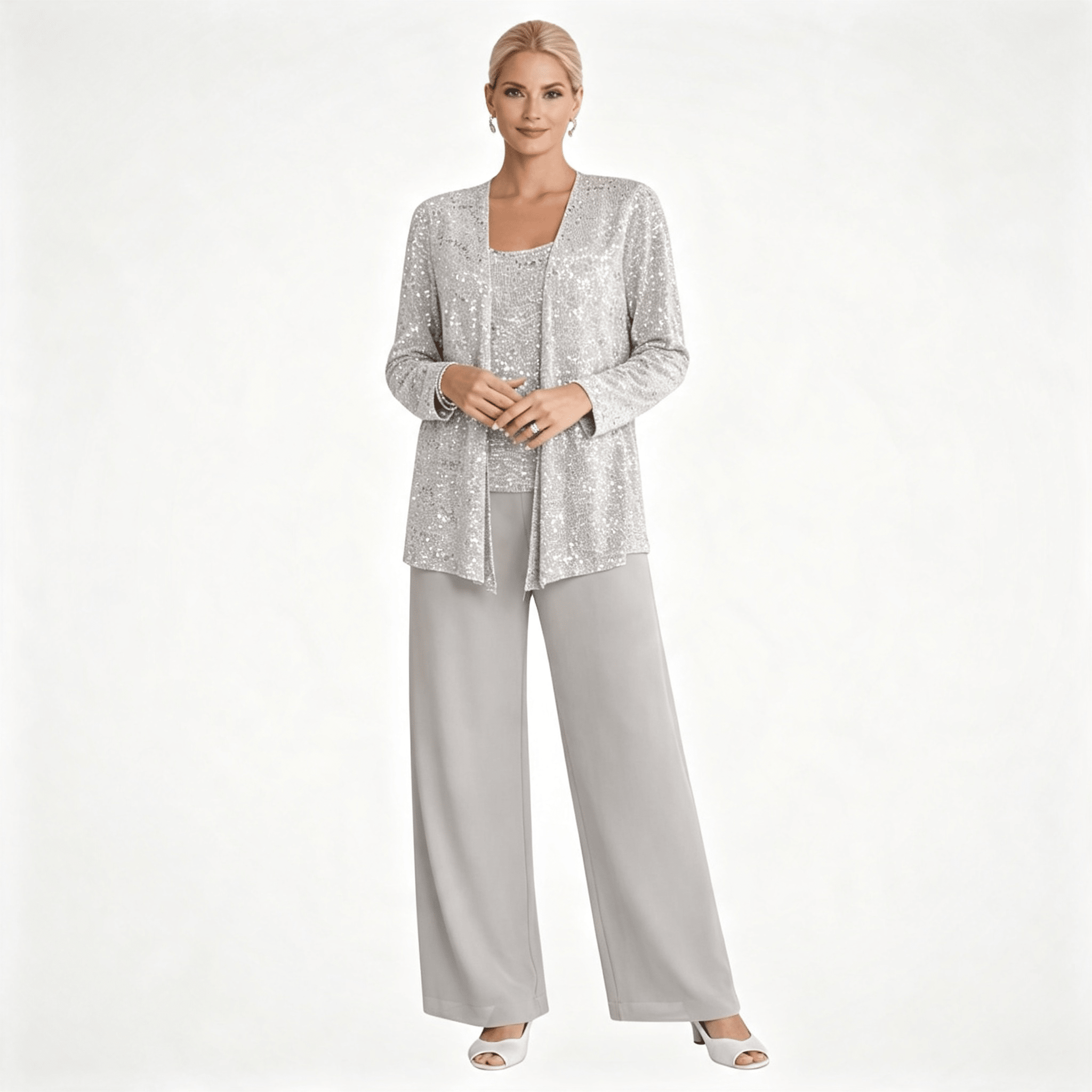 Womens Sequin Lace Jacket Three Piece Wide Leg Wedding Guest Trouser Suit