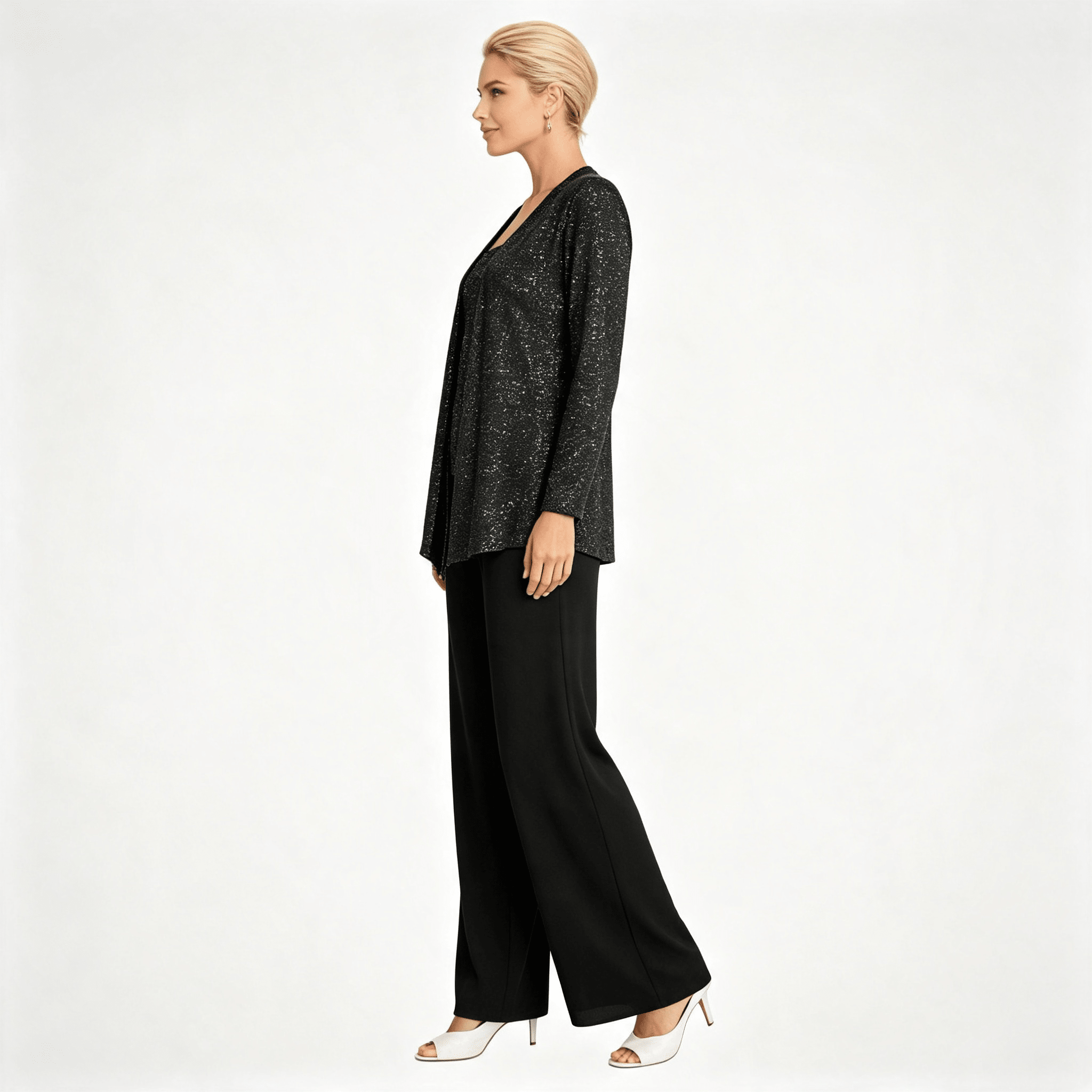 Womens Sequin Lace Jacket Three Piece Wide Leg Wedding Guest Trouser Suit
