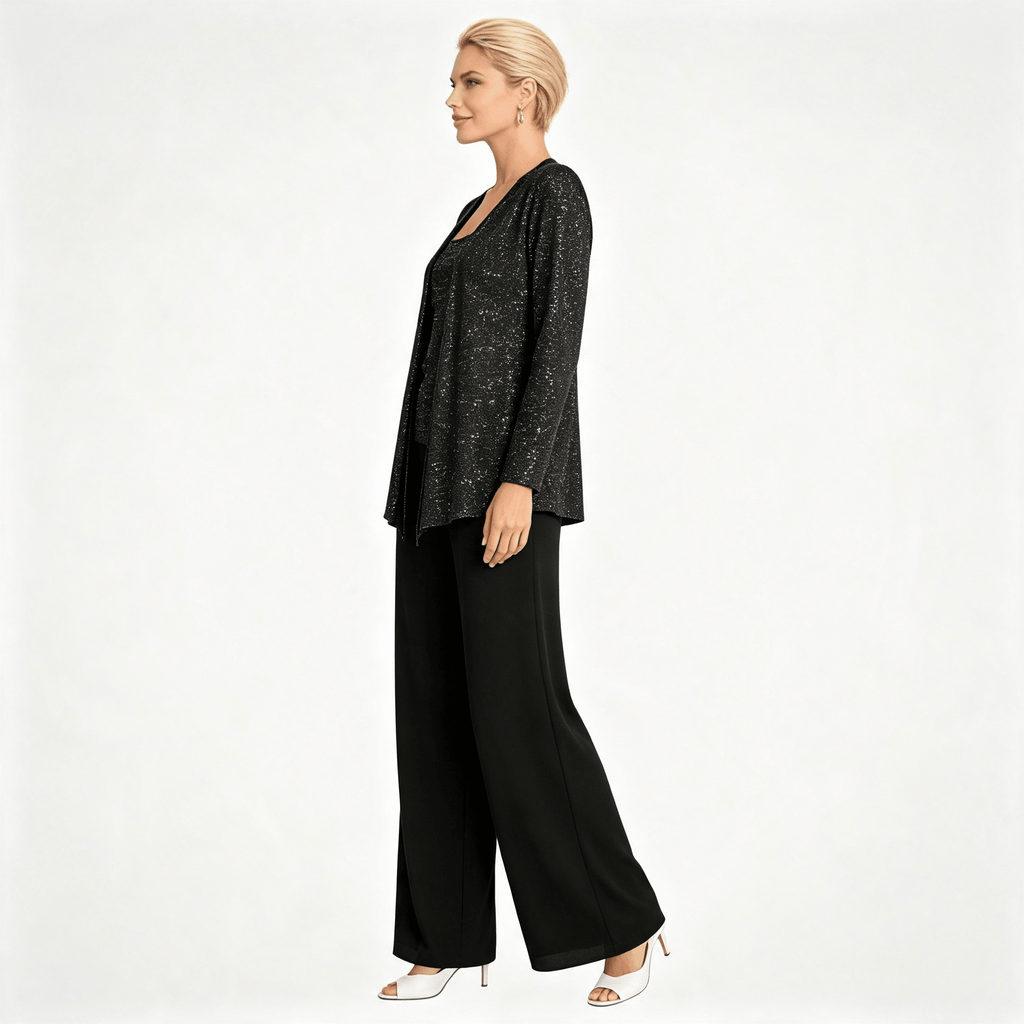 Womens Sequin Lace Jacket Three Piece Wide Leg Wedding Guest Trouser Suit
