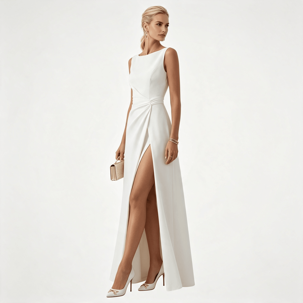 Womens Sleeveless Draped Waist Wedding Guest Maxi Dress
