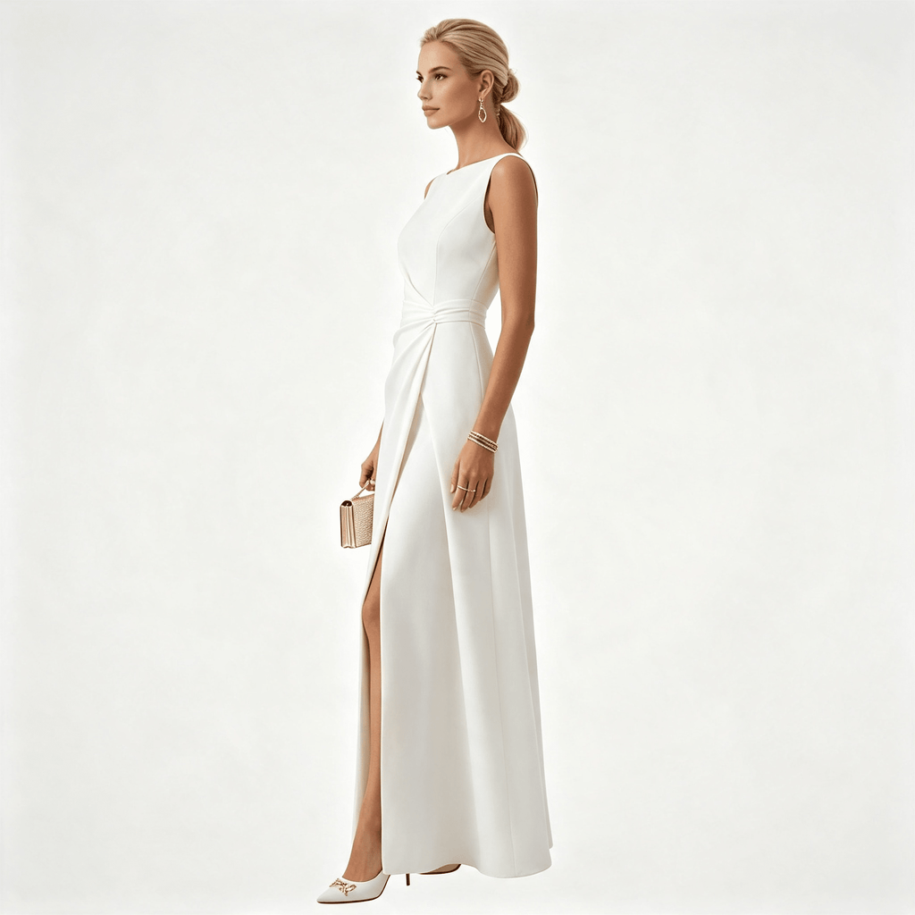 Womens Sleeveless Draped Waist Wedding Guest Maxi Dress