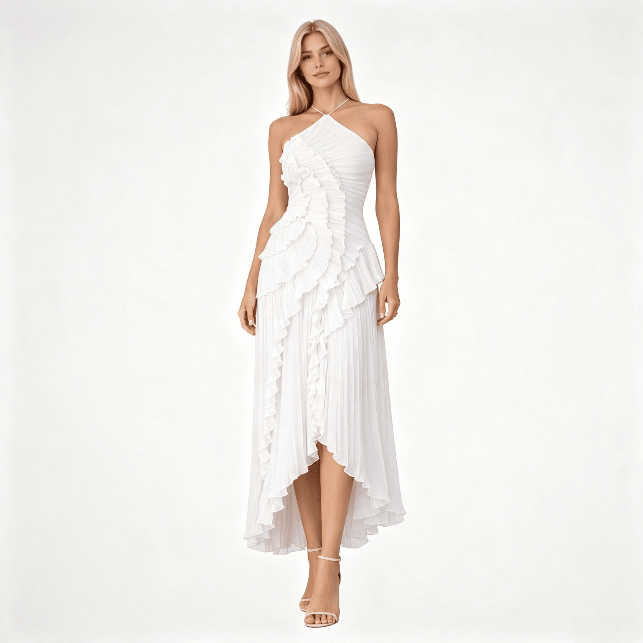 Womens Sleeveless Halter Backless Ruffled Maxi Summer Wedding Guest Dress