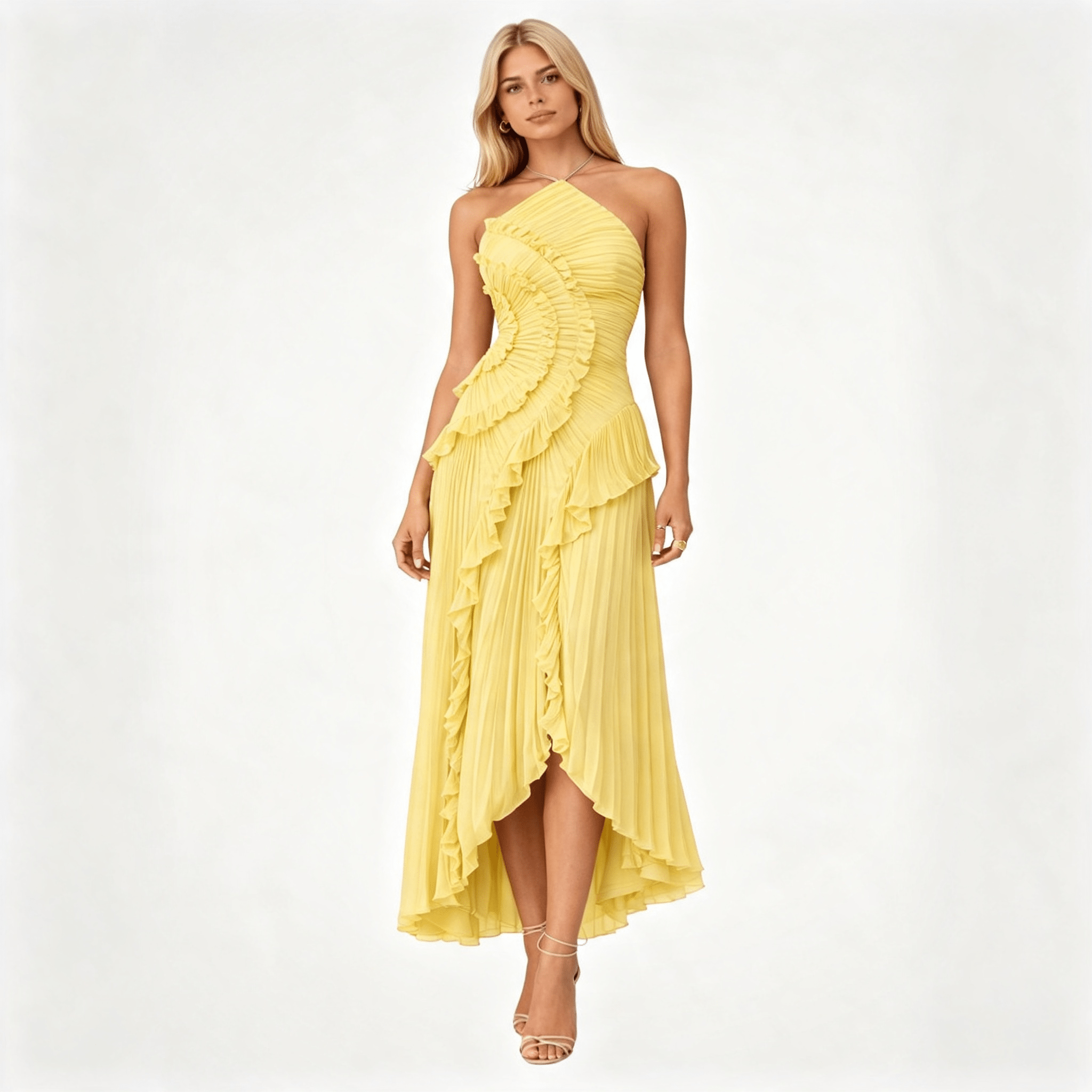 Womens Sleeveless Halter Backless Ruffled Maxi Summer Wedding Guest Dress