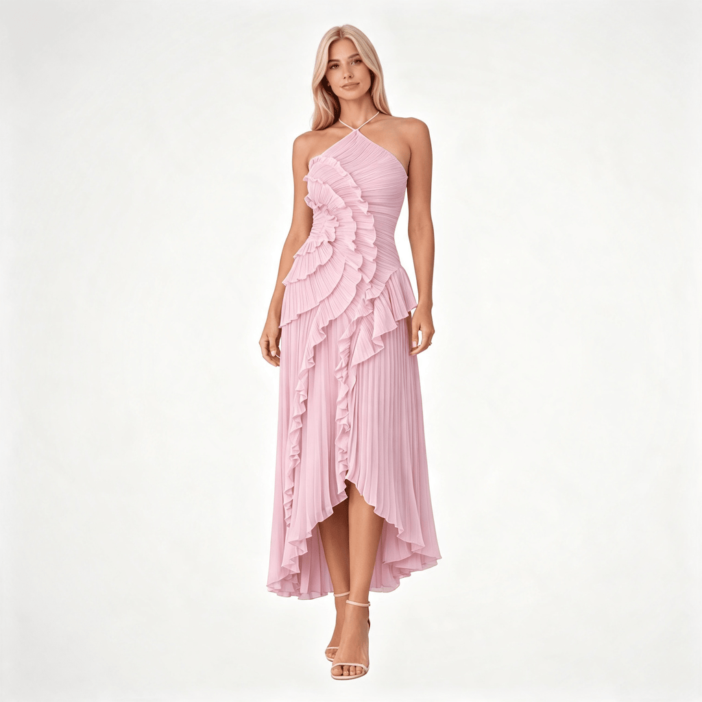 Womens Sleeveless Halter Backless Ruffled Maxi Summer Wedding Guest Dress
