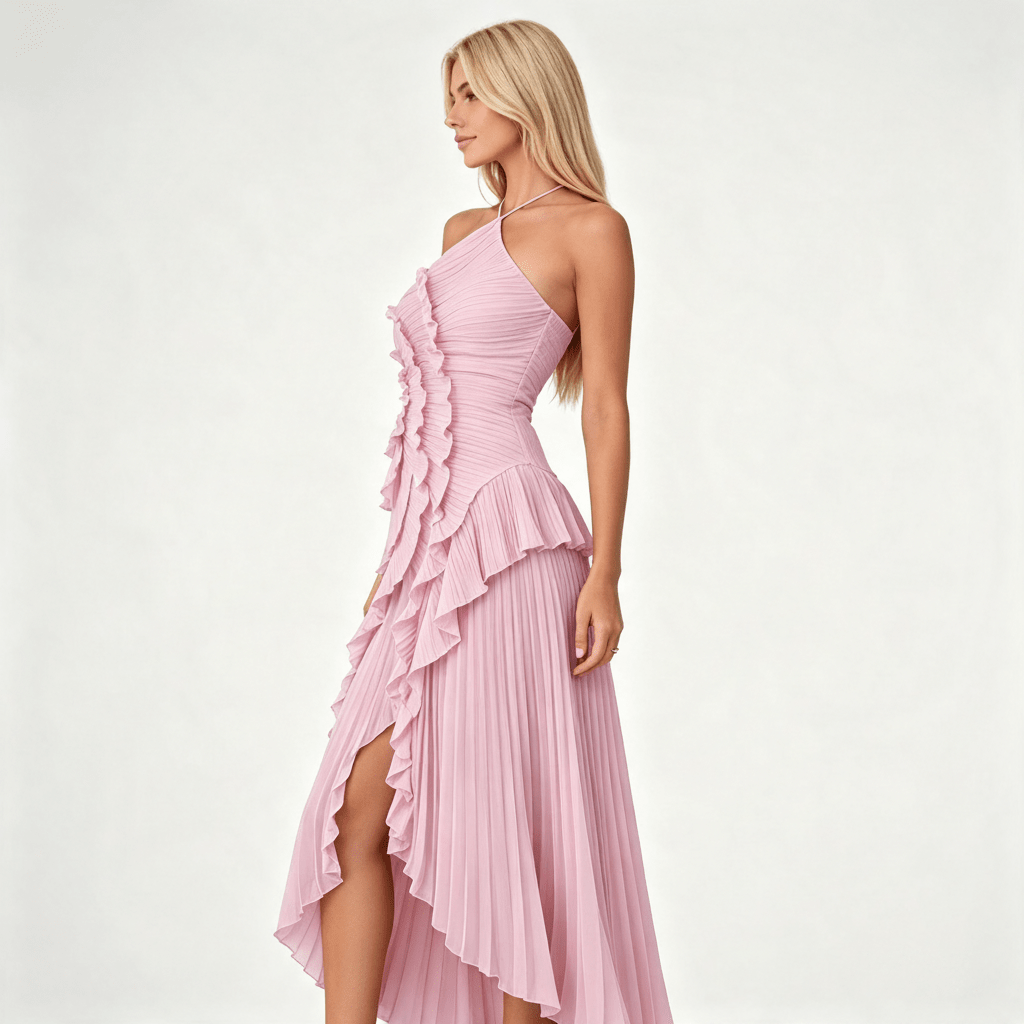 Womens Sleeveless Halter Backless Ruffled Maxi Summer Wedding Guest Dress