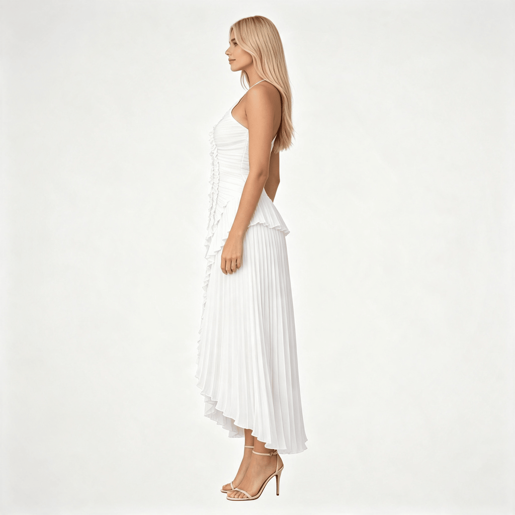 Womens Sleeveless Halter Backless Ruffled Maxi Summer Wedding Guest Dress