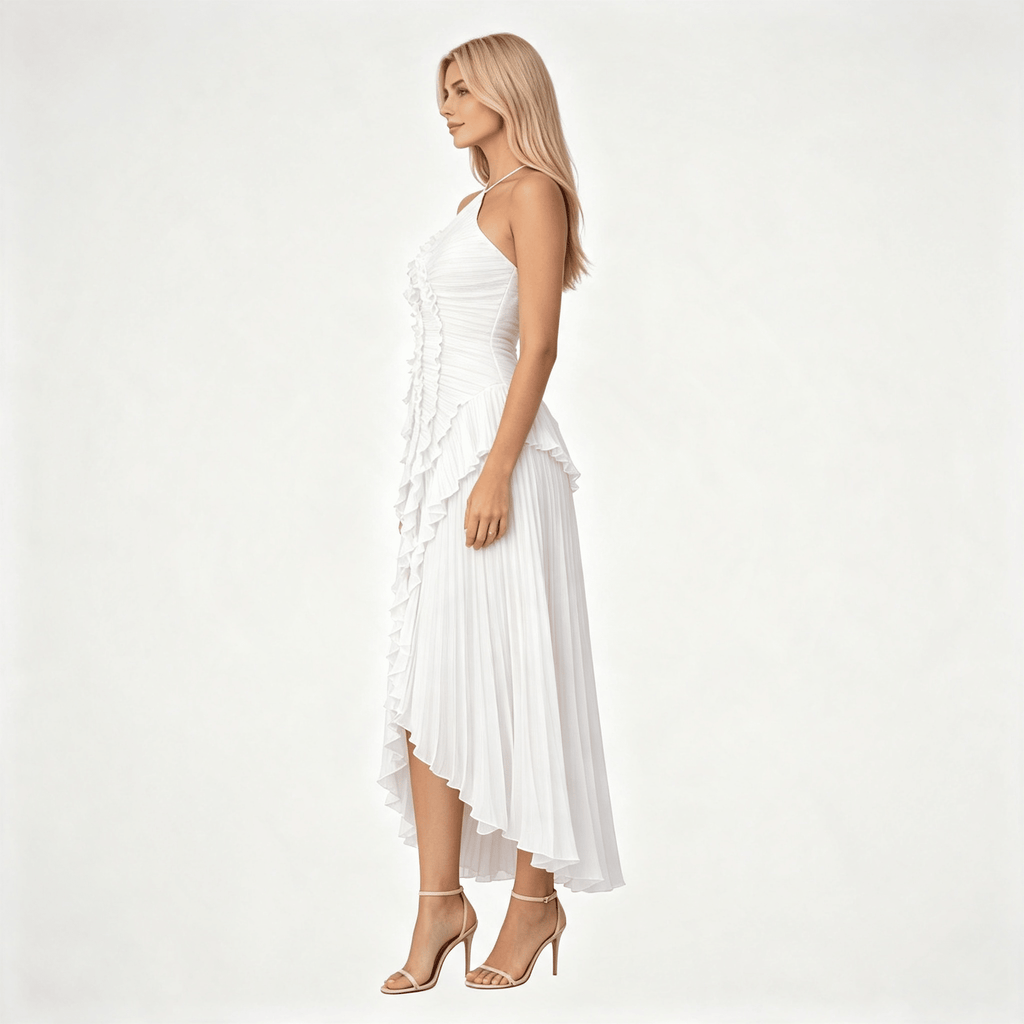 Womens Sleeveless Halter Backless Ruffled Maxi Summer Wedding Guest Dress