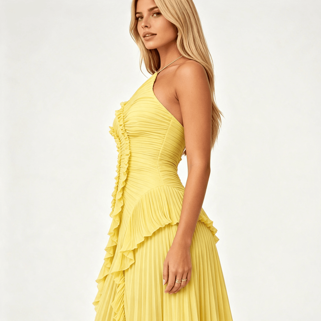 Womens Sleeveless Halter Backless Ruffled Maxi Summer Wedding Guest Dress
