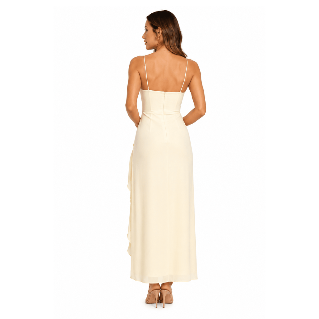 Women's Spaghetti Strap Ruffle Midi Dress with Side Slit – Elegant Ankle Length Evening & Wedding Guest Gown