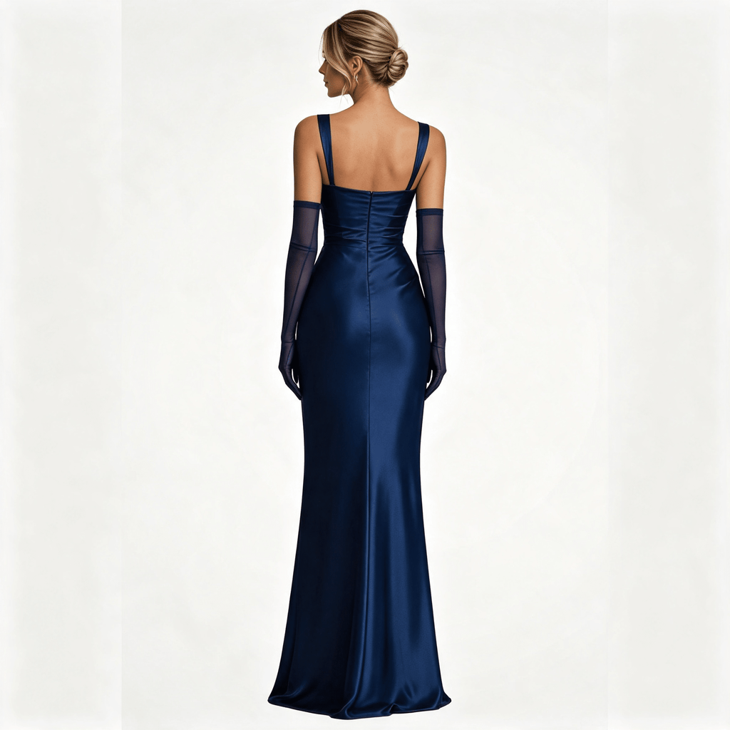 Womens Square Neck Ruched Satin Maxi Wedding Guest Dress