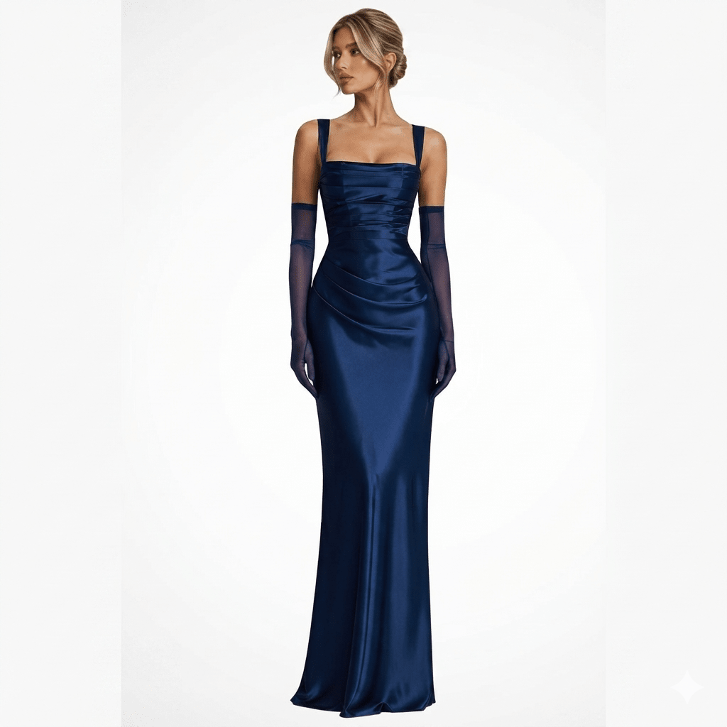 Womens Square Neck Ruched Satin Maxi Wedding Guest Dress