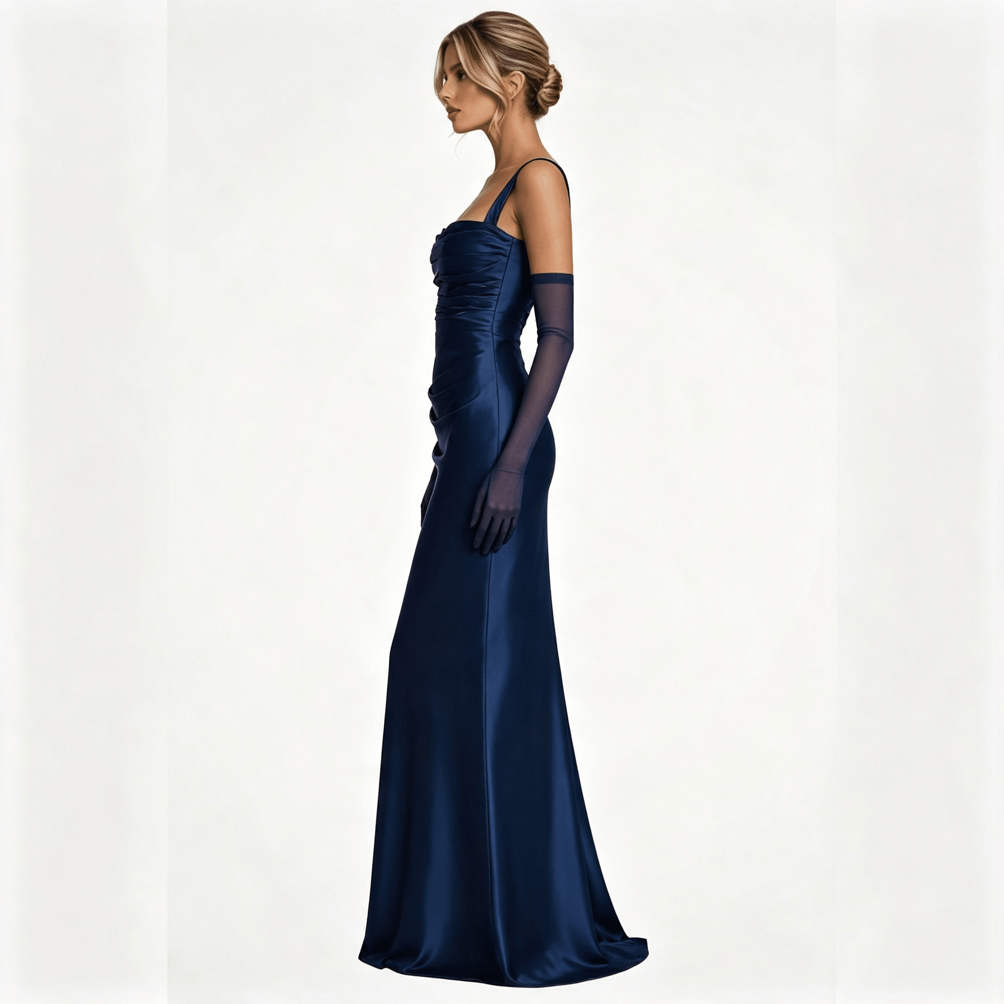 Womens Square Neck Ruched Satin Maxi Wedding Guest Dress