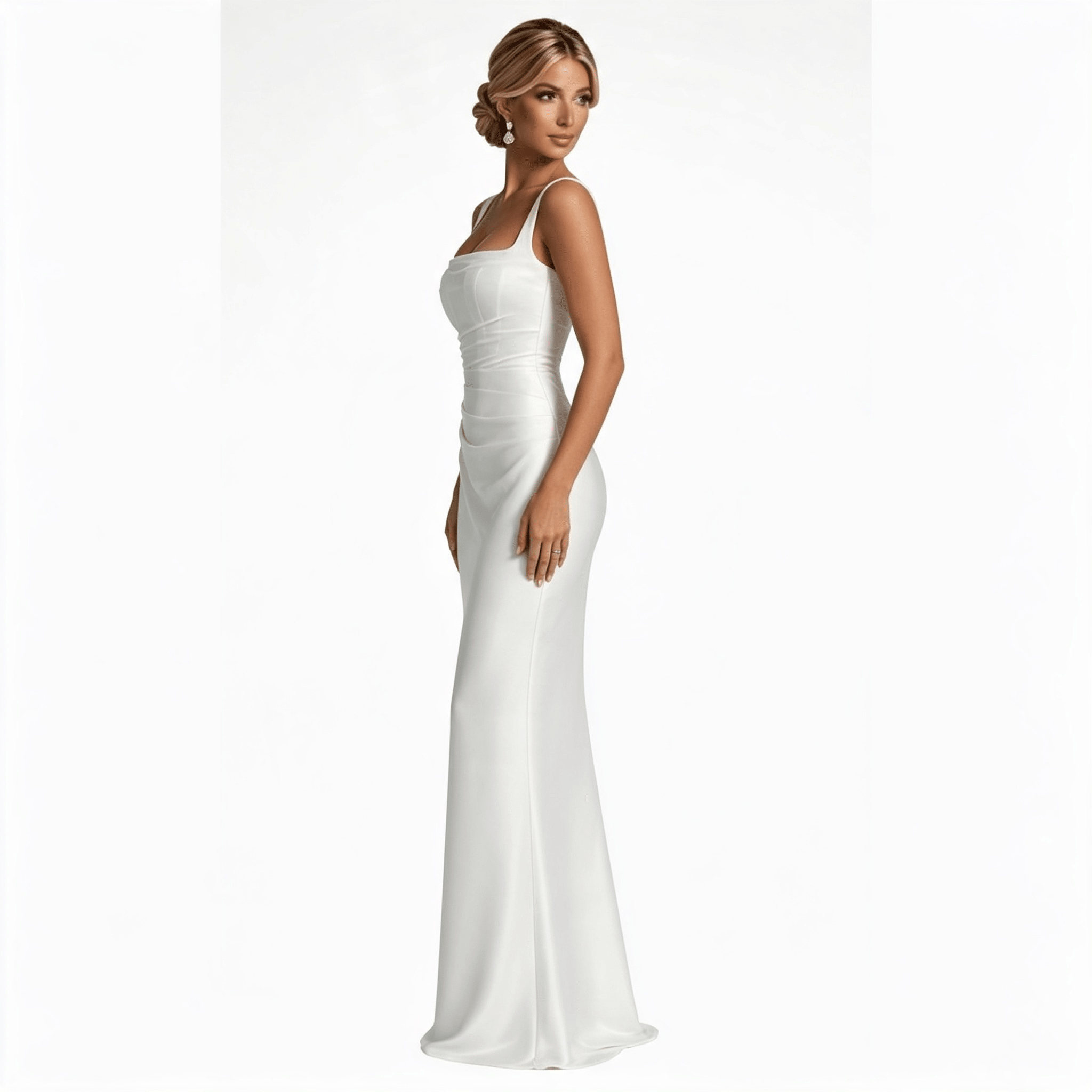 Womens Square Neck Ruched Satin Maxi Wedding Guest Dress