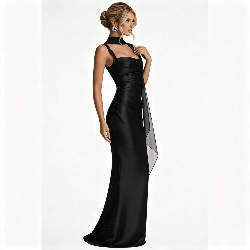 Womens Square Neck Ruched Satin Maxi Wedding Guest Dress