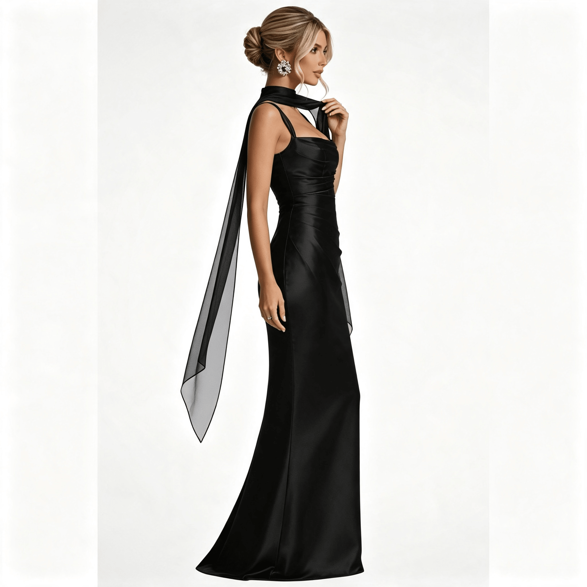 Womens Square Neck Ruched Satin Maxi Wedding Guest Dress