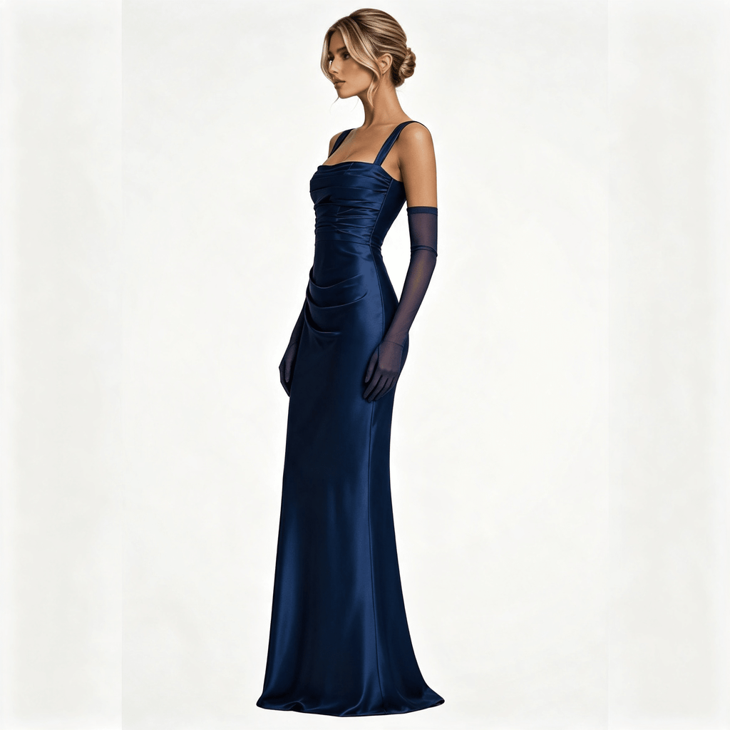 Womens Square Neck Ruched Satin Maxi Wedding Guest Dress