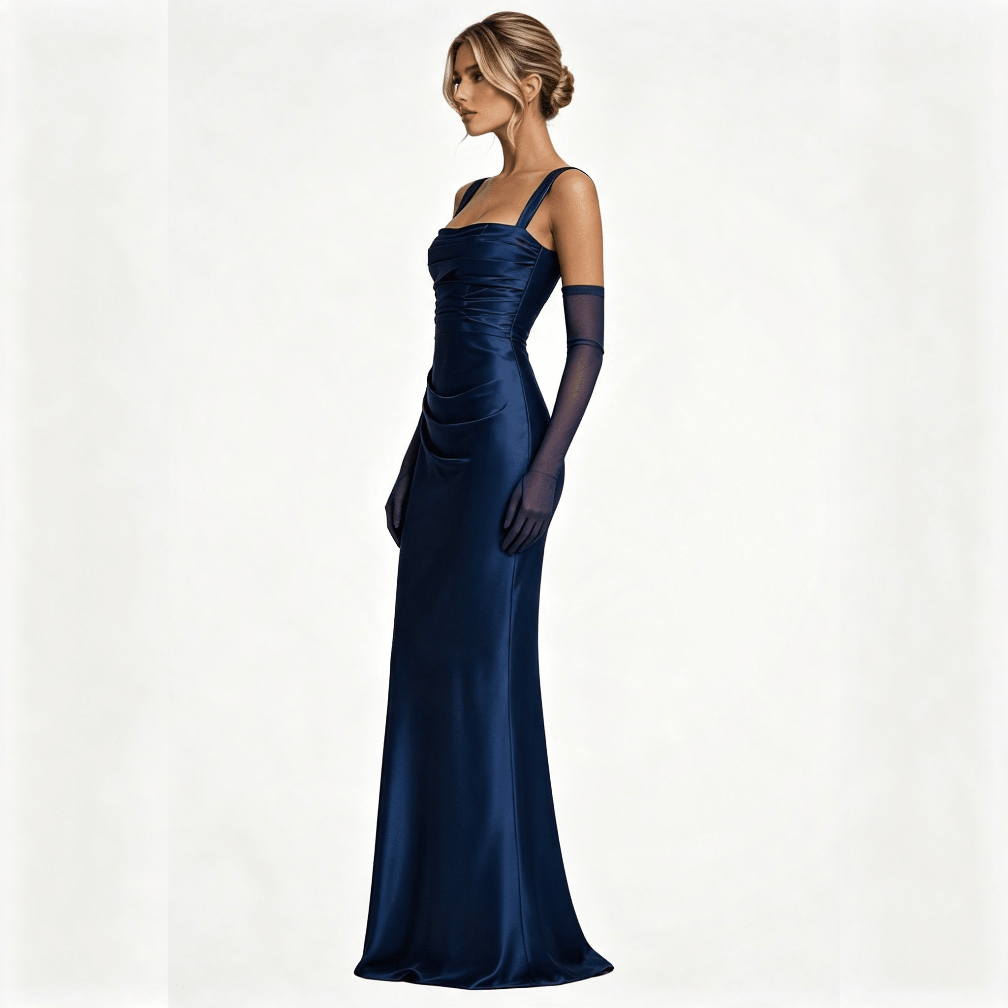 Womens Square Neck Ruched Satin Maxi Wedding Guest Dress