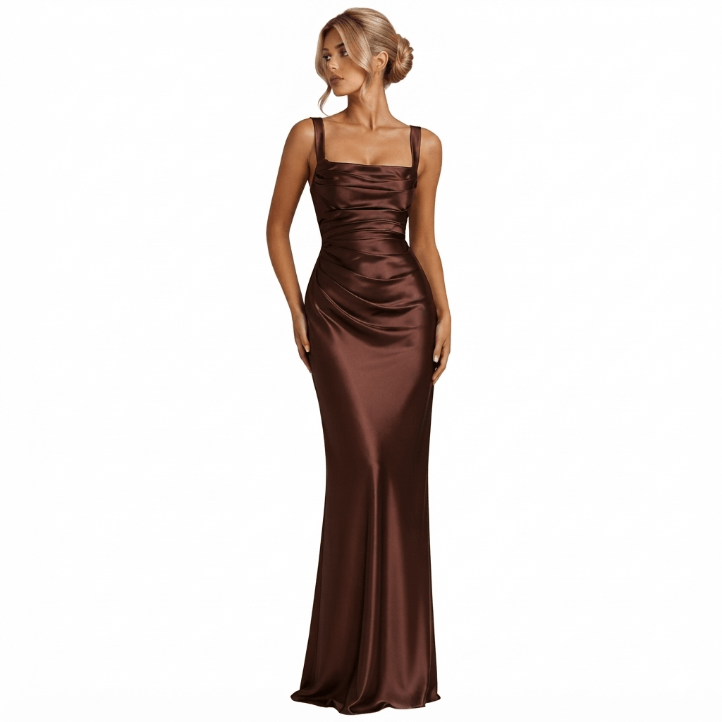 Womens Square Neck Ruched Satin Maxi Wedding Guest Dress
