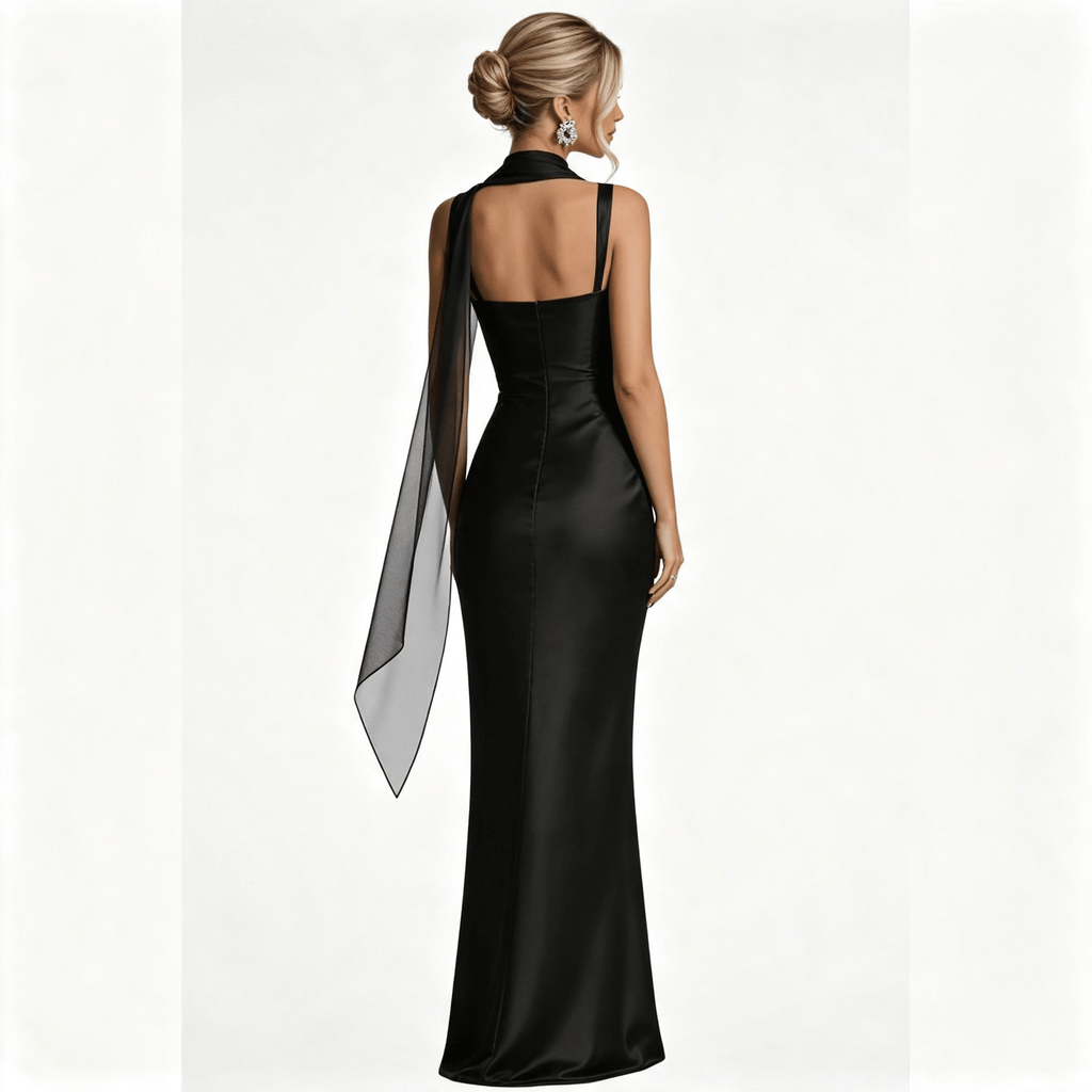 Womens Square Neck Ruched Satin Maxi Wedding Guest Dress