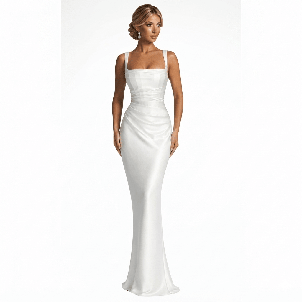 Womens Square Neck Ruched Satin Maxi Wedding Guest Dress