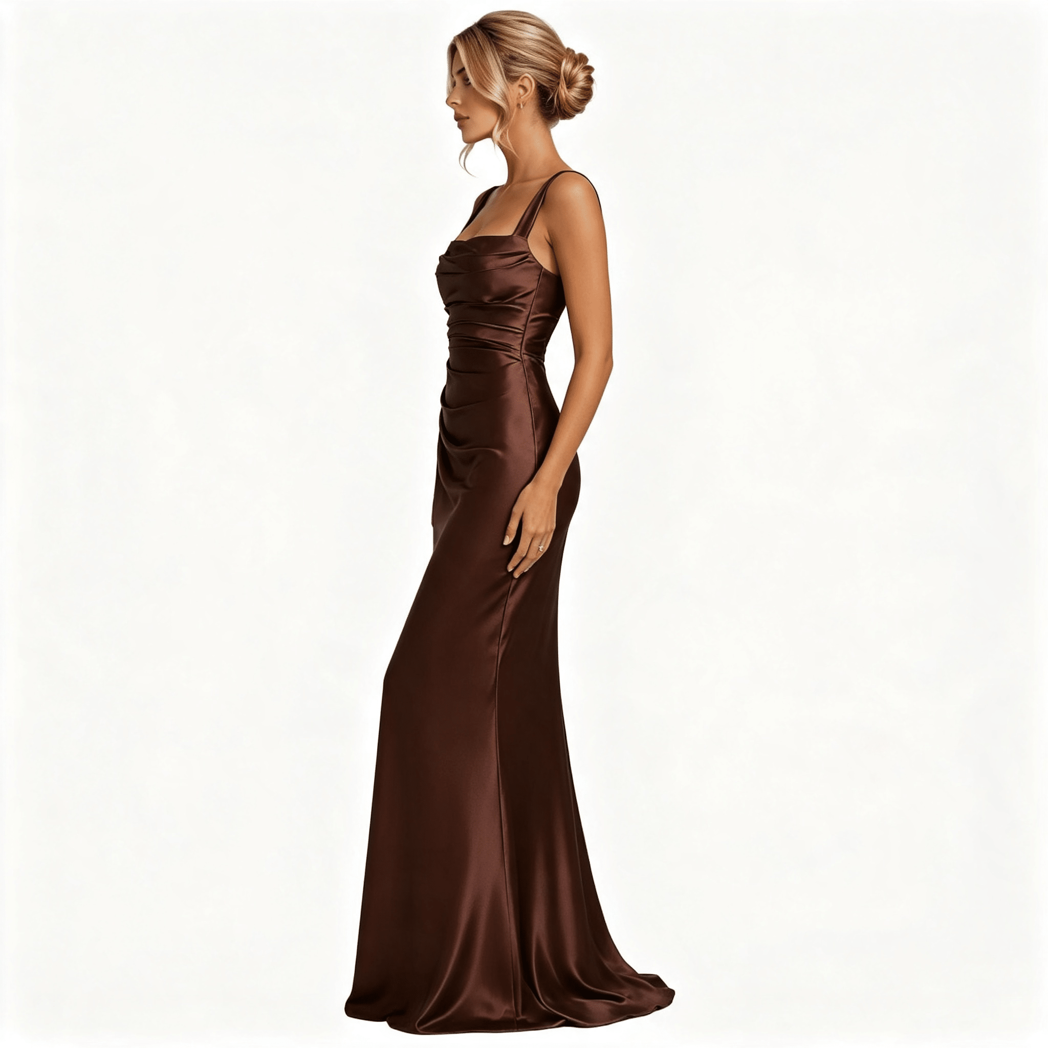 Womens Square Neck Ruched Satin Maxi Wedding Guest Dress