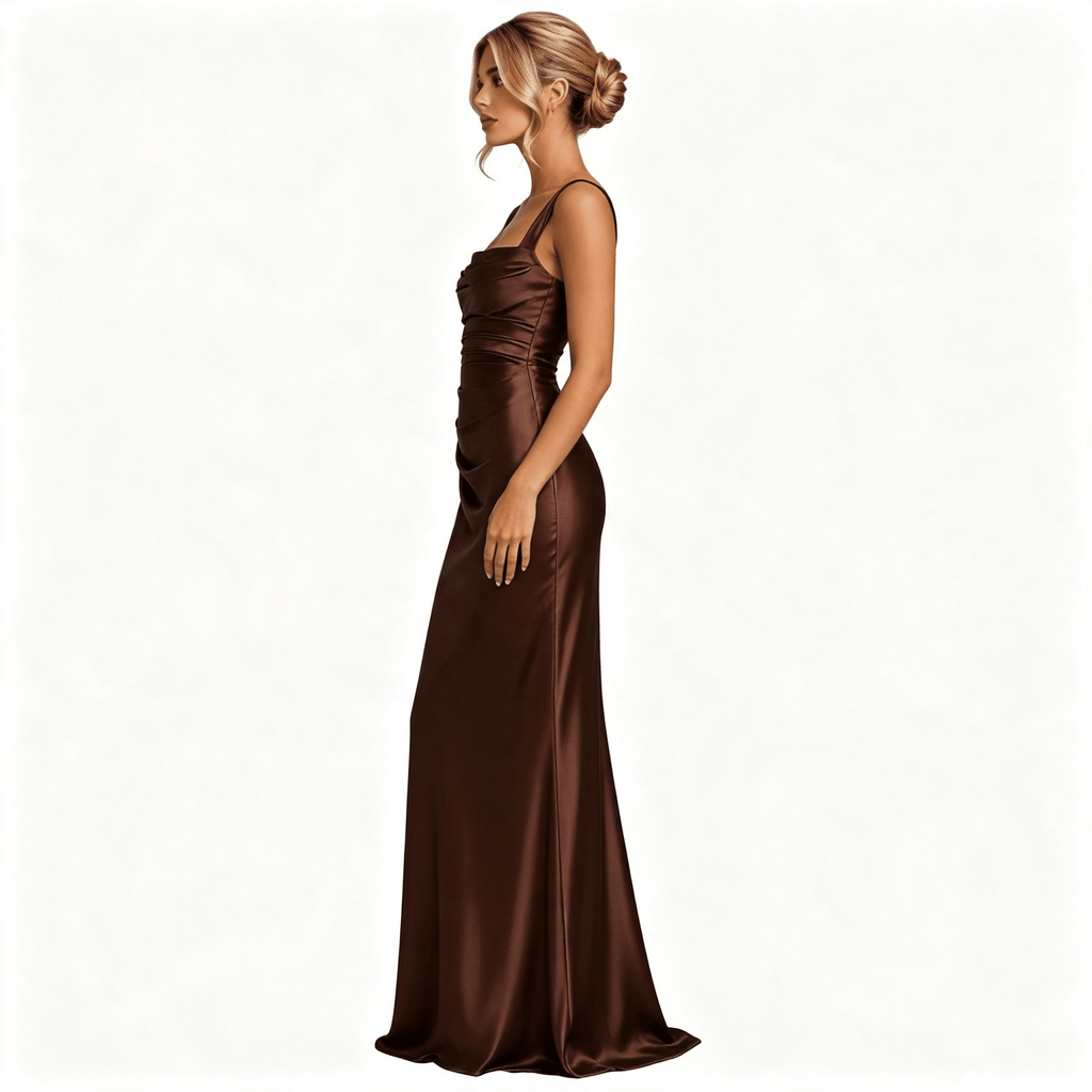 Womens Square Neck Ruched Satin Maxi Wedding Guest Dress