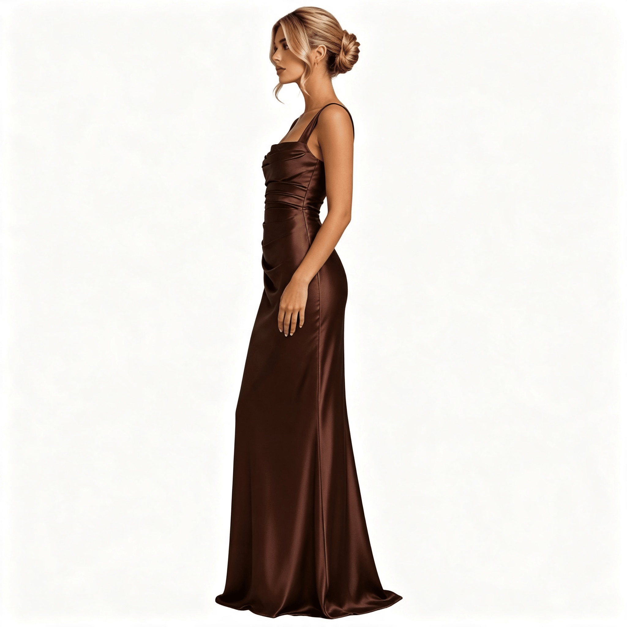 Womens Square Neck Ruched Satin Maxi Wedding Guest Dress