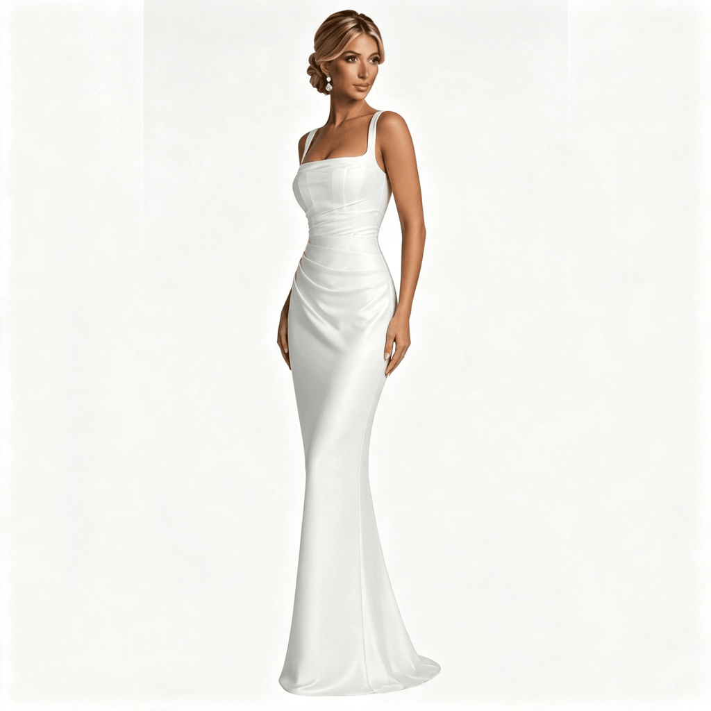 Womens Square Neck Ruched Satin Maxi Wedding Guest Dress