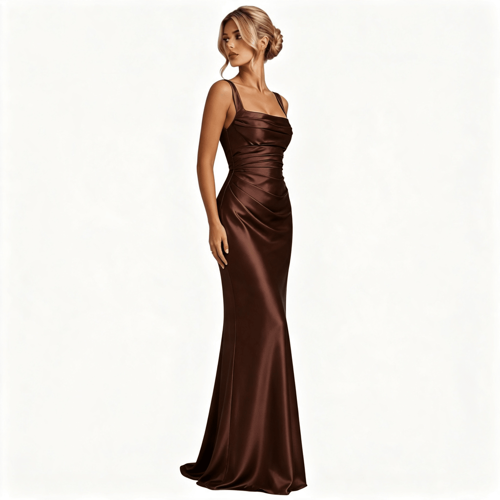 Womens Square Neck Ruched Satin Maxi Wedding Guest Dress