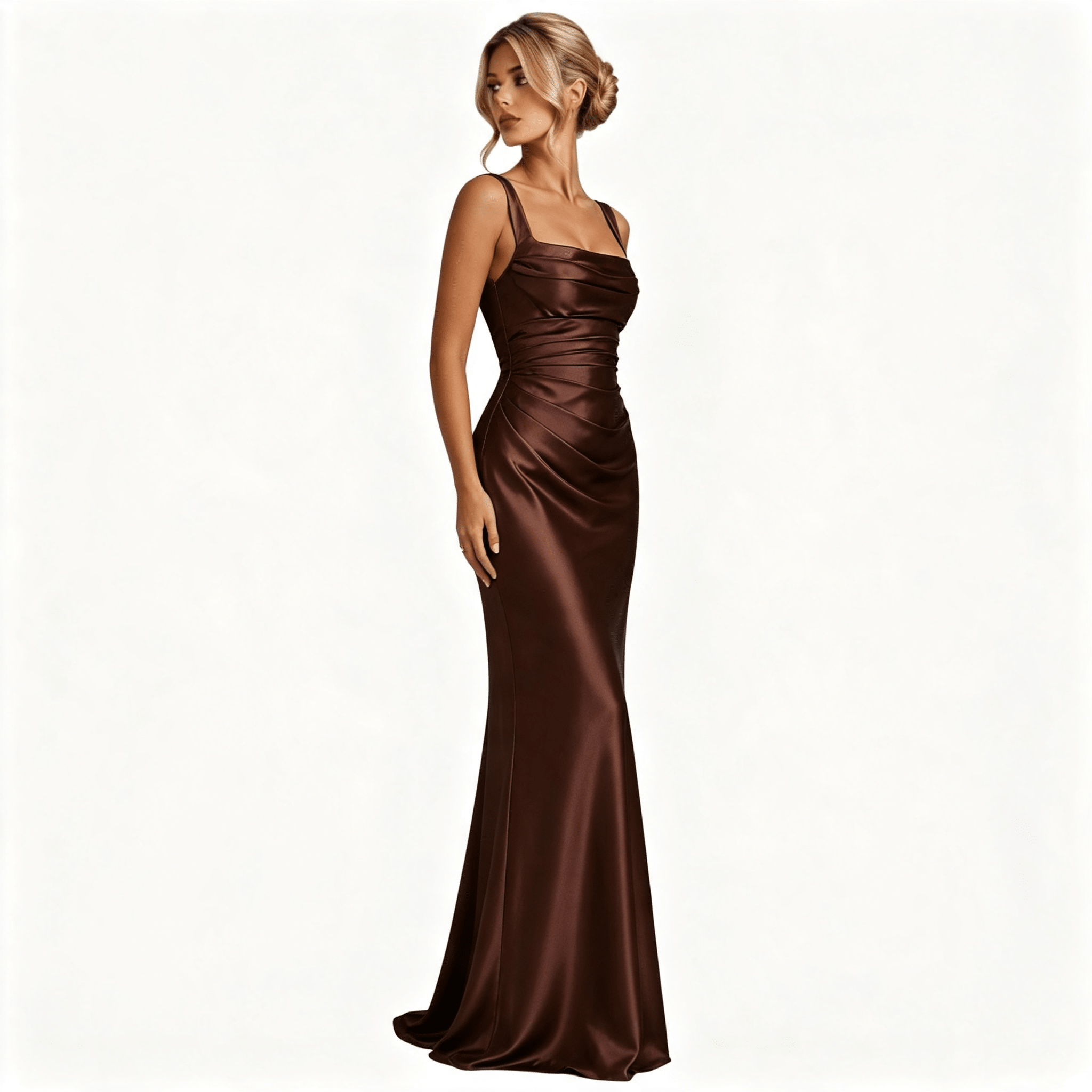 Womens Square Neck Ruched Satin Maxi Wedding Guest Dress