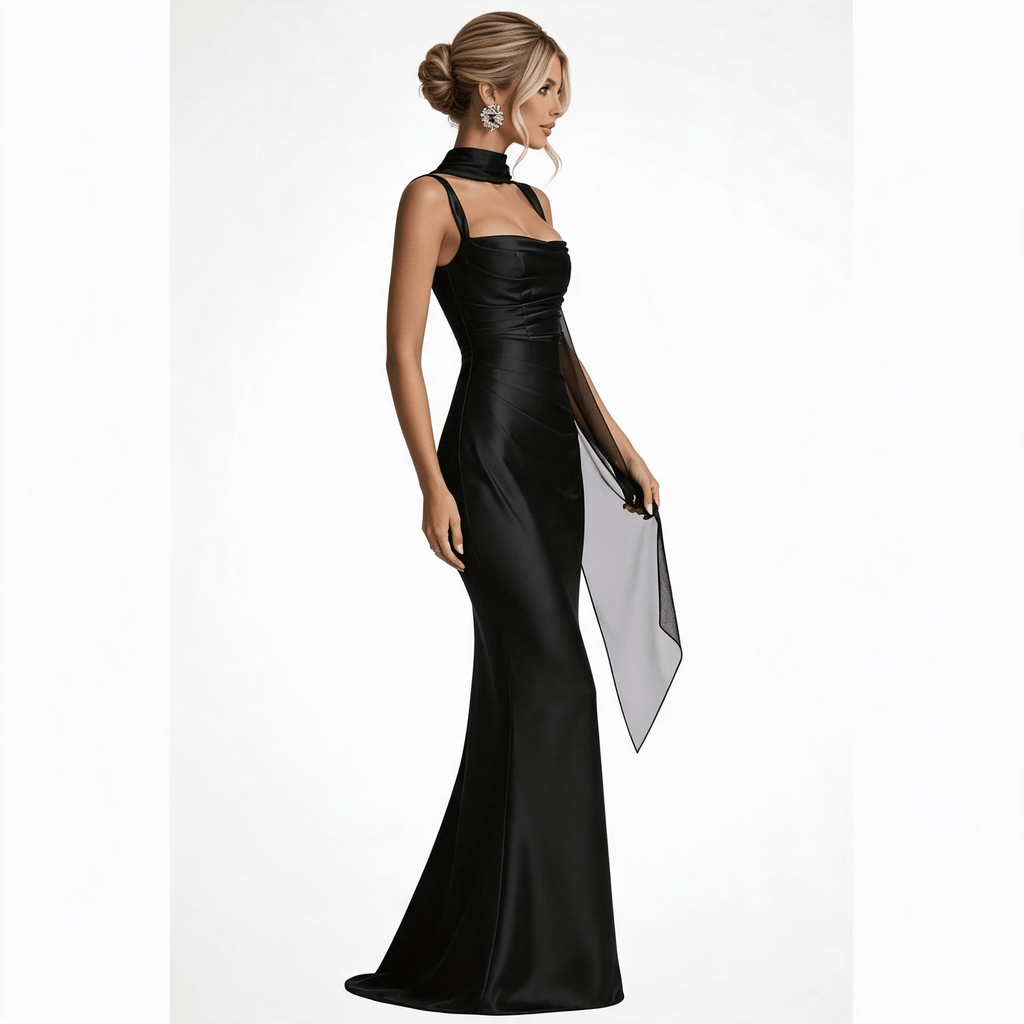 Womens Square Neck Ruched Satin Maxi Wedding Guest Dress