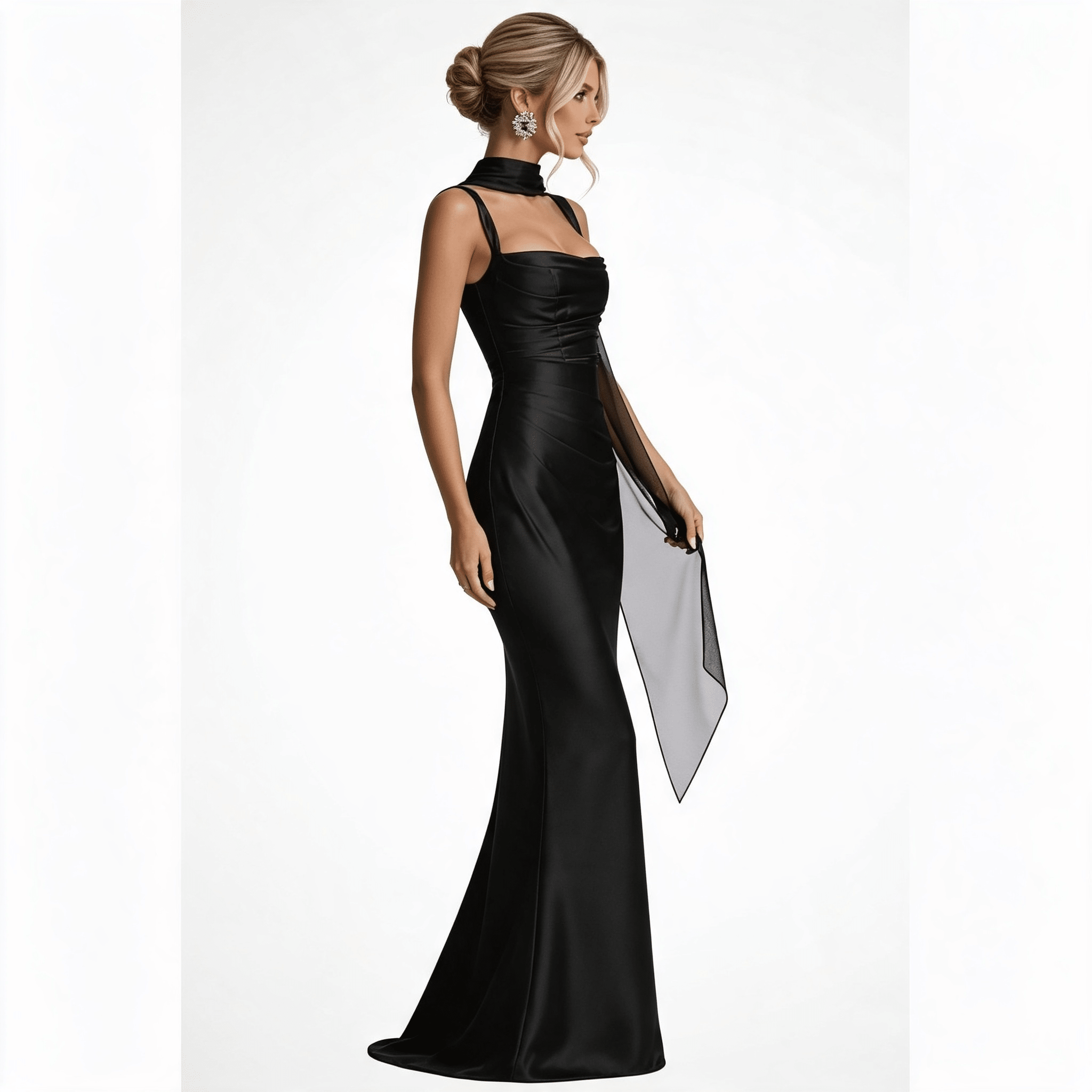 Womens Square Neck Ruched Satin Maxi Wedding Guest Dress