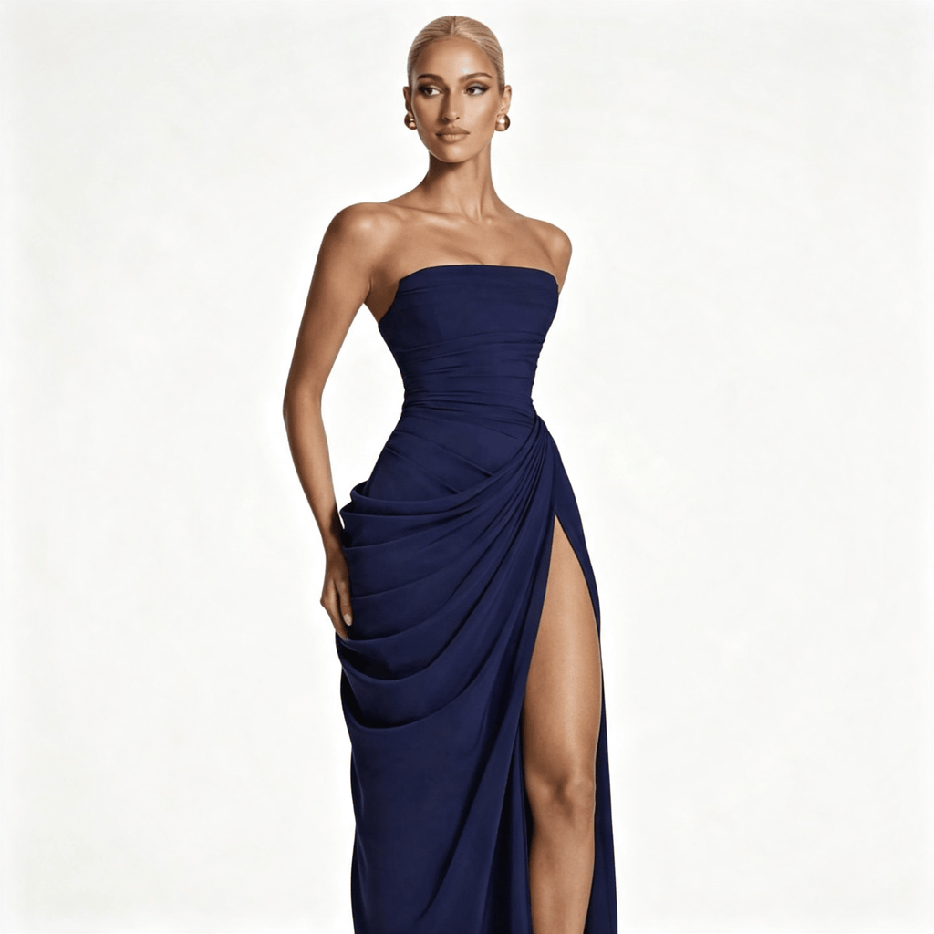 Womens Strapless Ruched Slit Summer Wedding Guest Maxi Dress