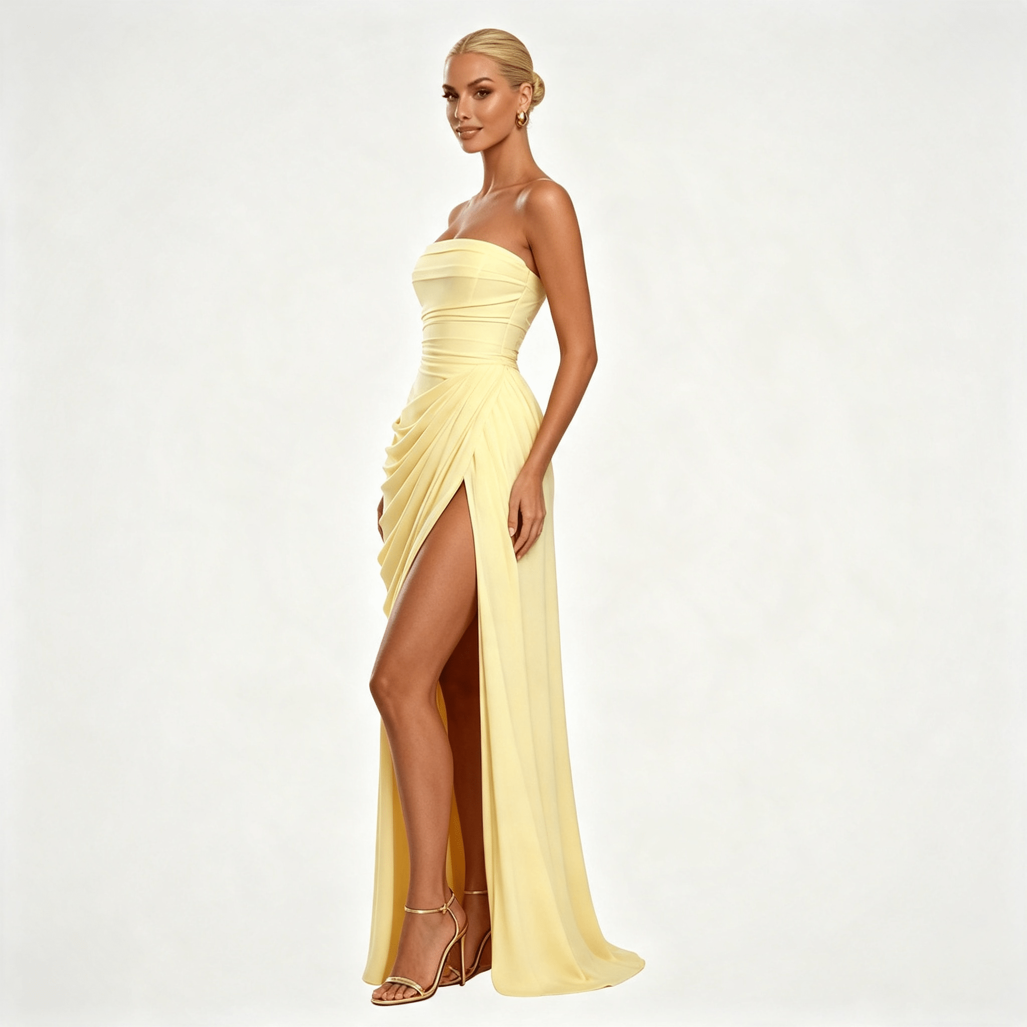 Womens Strapless Ruched Slit Summer Wedding Guest Maxi Dress