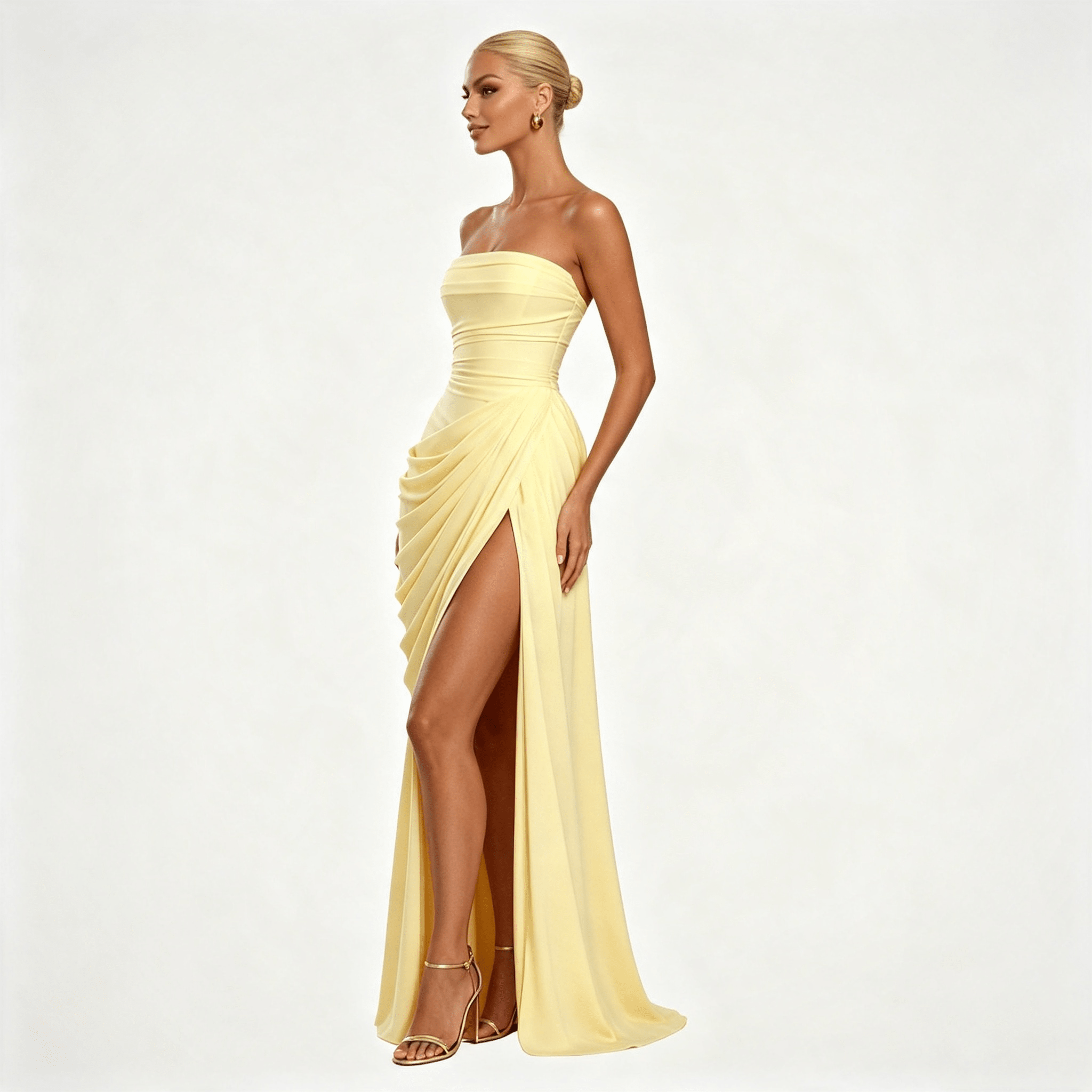 Womens Strapless Ruched Slit Summer Wedding Guest Maxi Dress