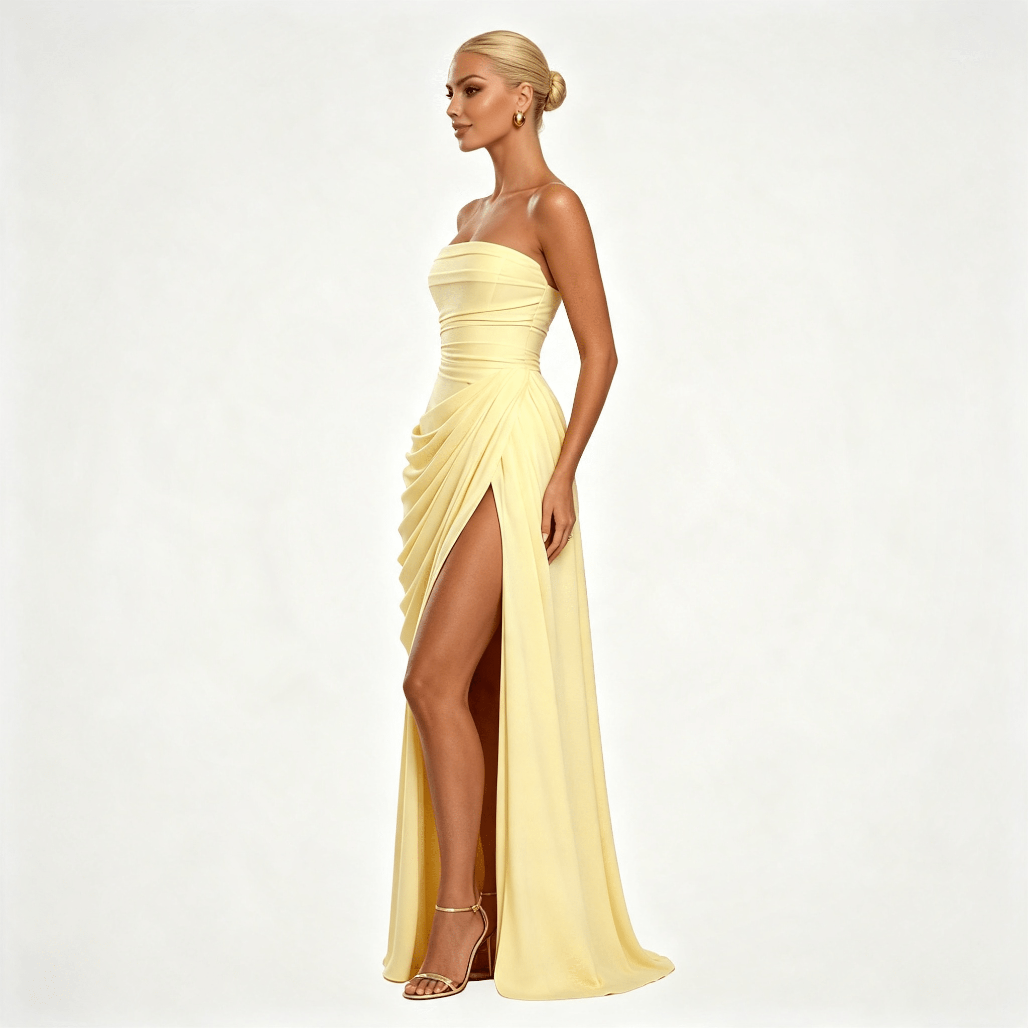 Womens Strapless Ruched Slit Summer Wedding Guest Maxi Dress