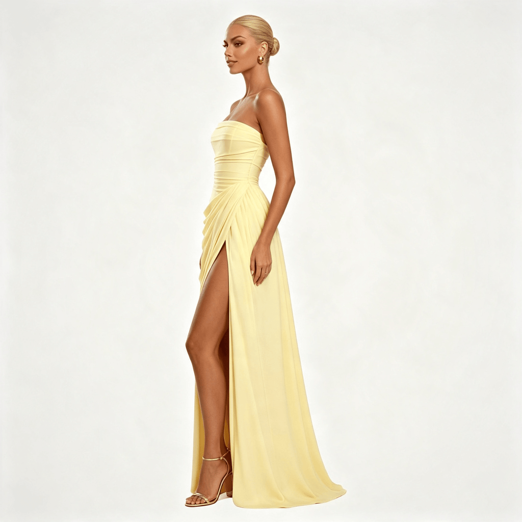 Womens Strapless Ruched Slit Summer Wedding Guest Maxi Dress