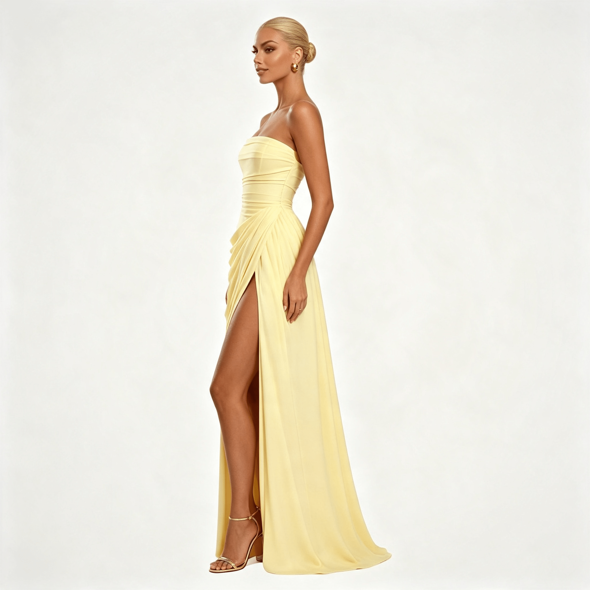 Womens Strapless Ruched Slit Summer Wedding Guest Maxi Dress