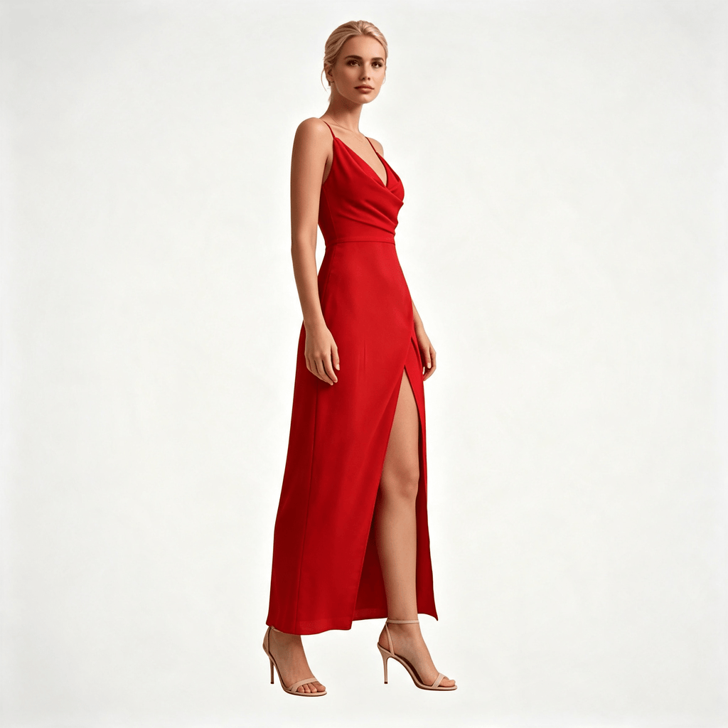 Womens Wedding Guest Slit Maxi Dress with Draped Bodic