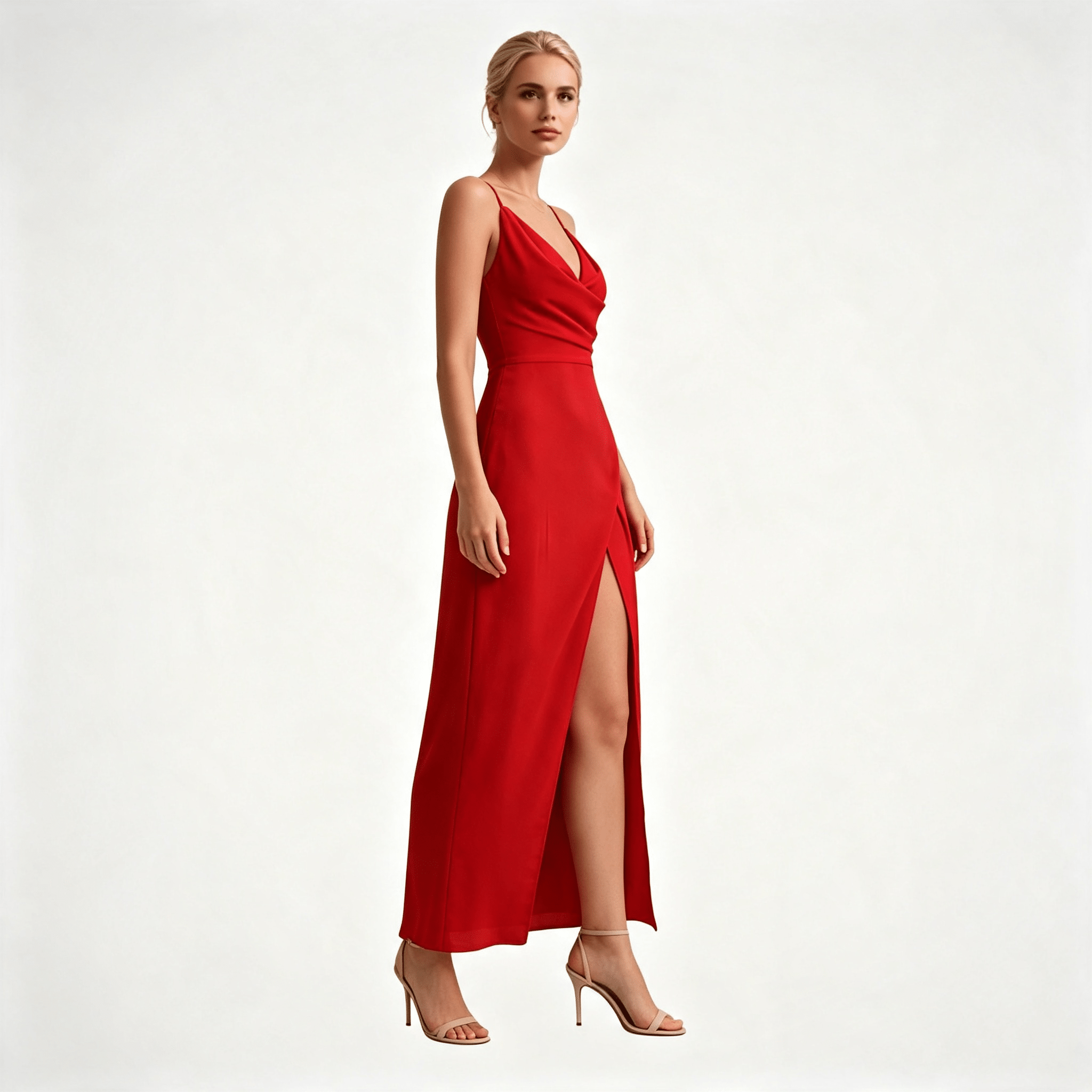 Womens Wedding Guest Slit Maxi Dress with Draped Bodic