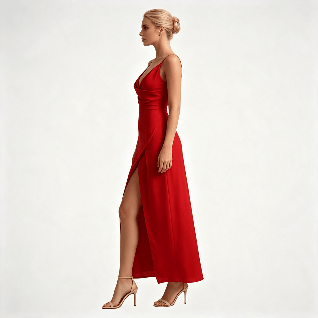 Womens Wedding Guest Slit Maxi Dress with Draped Bodic