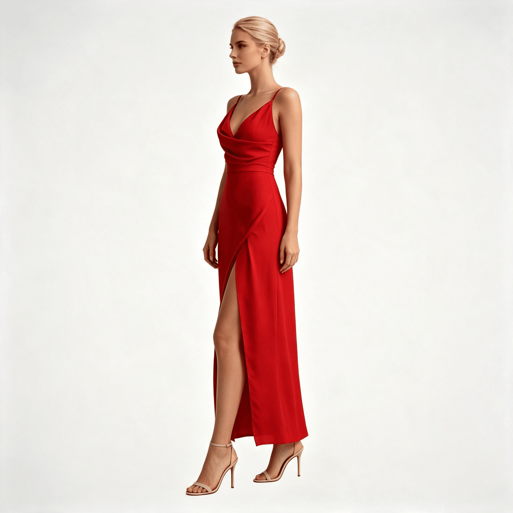 Womens Wedding Guest Slit Maxi Dress with Draped Bodic