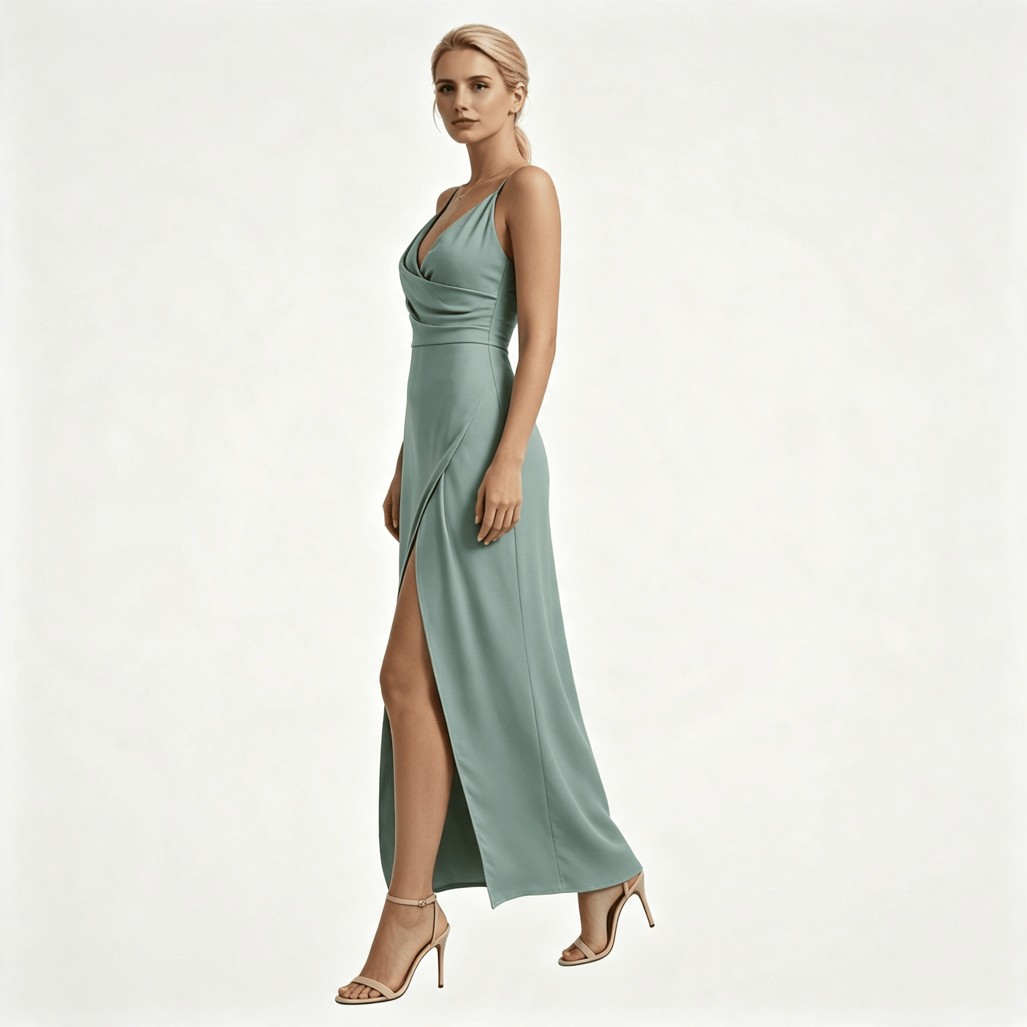 Womens Wedding Guest Slit Maxi Dress with Draped Bodic