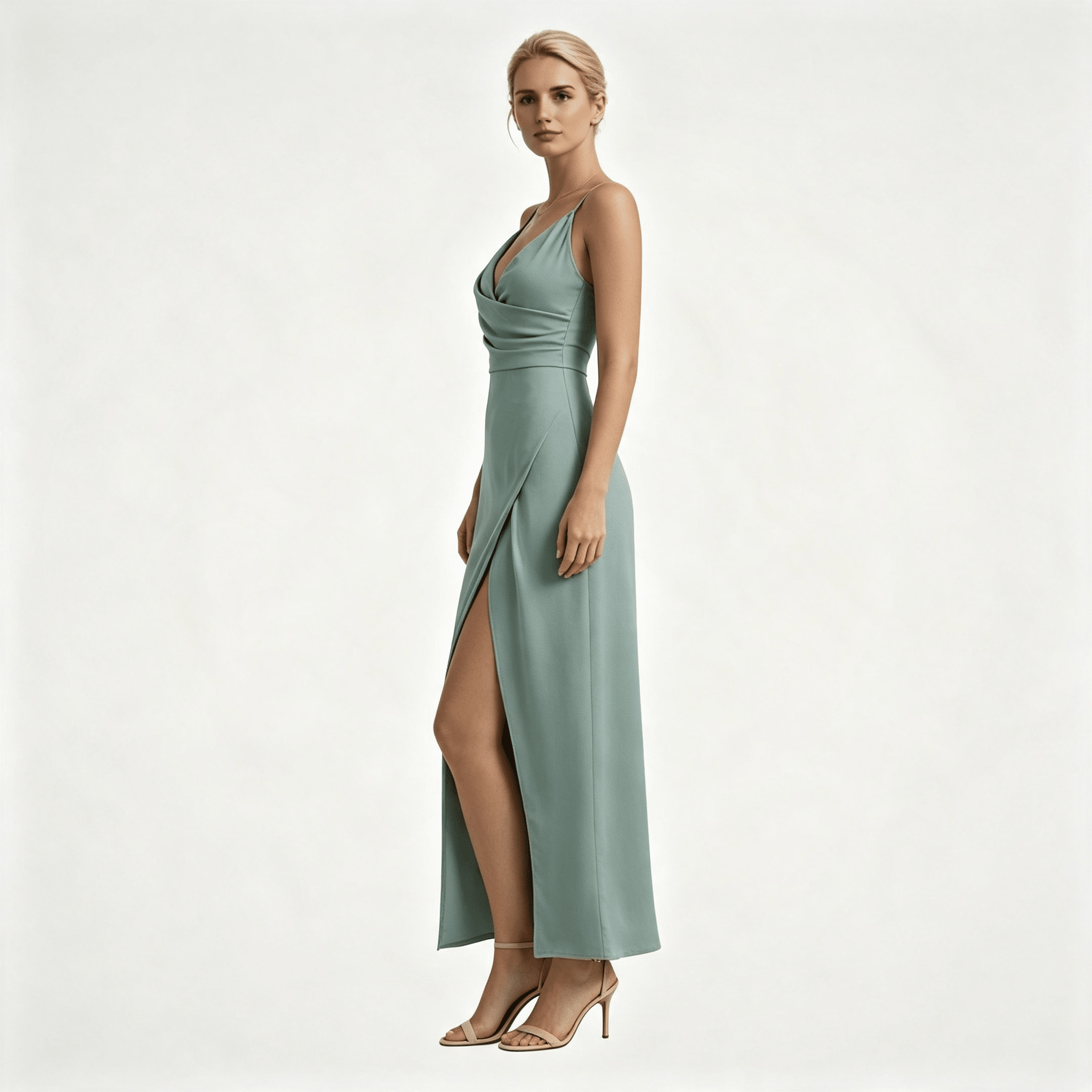 Womens Wedding Guest Slit Maxi Dress with Draped Bodic