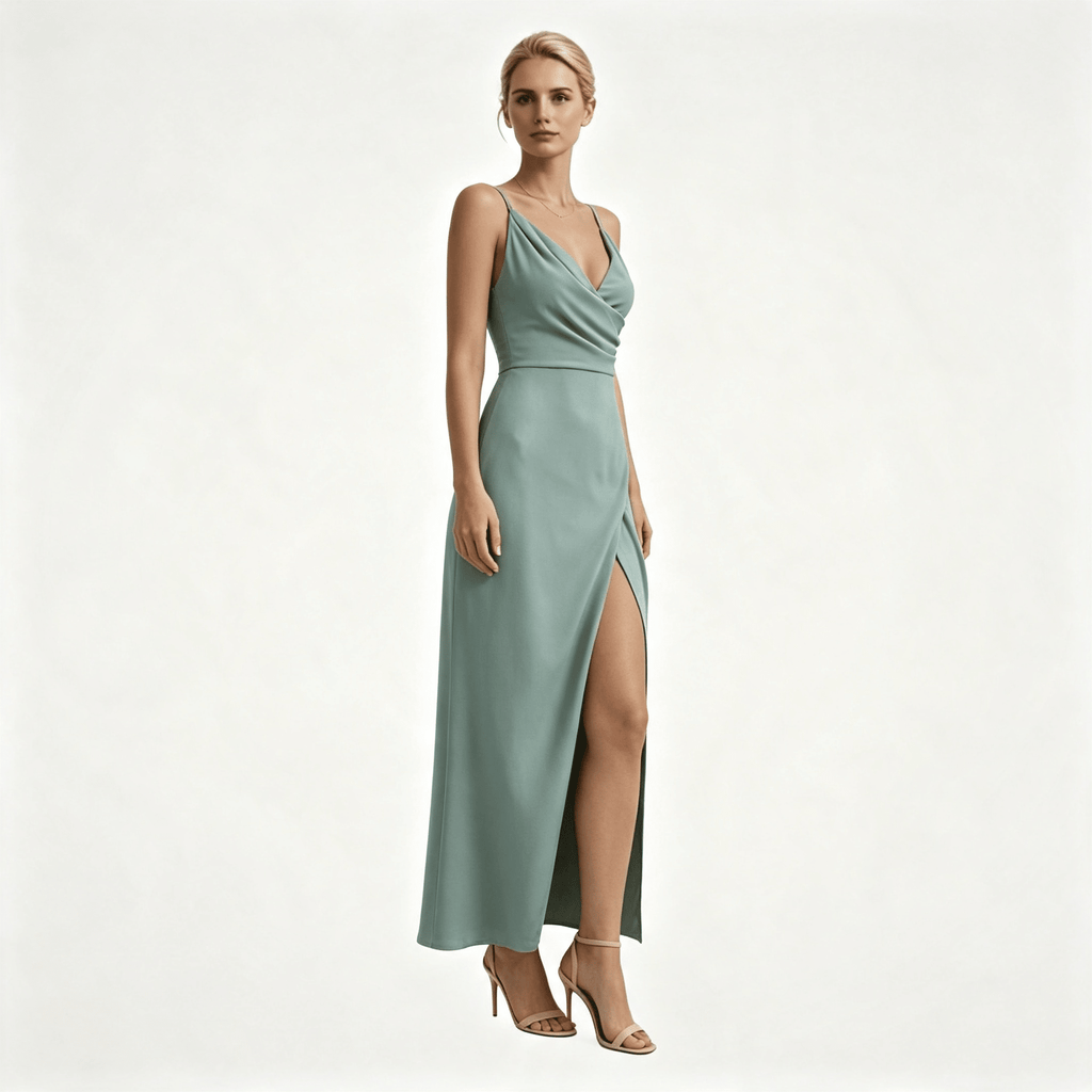 Womens Wedding Guest Slit Maxi Dress with Draped Bodic