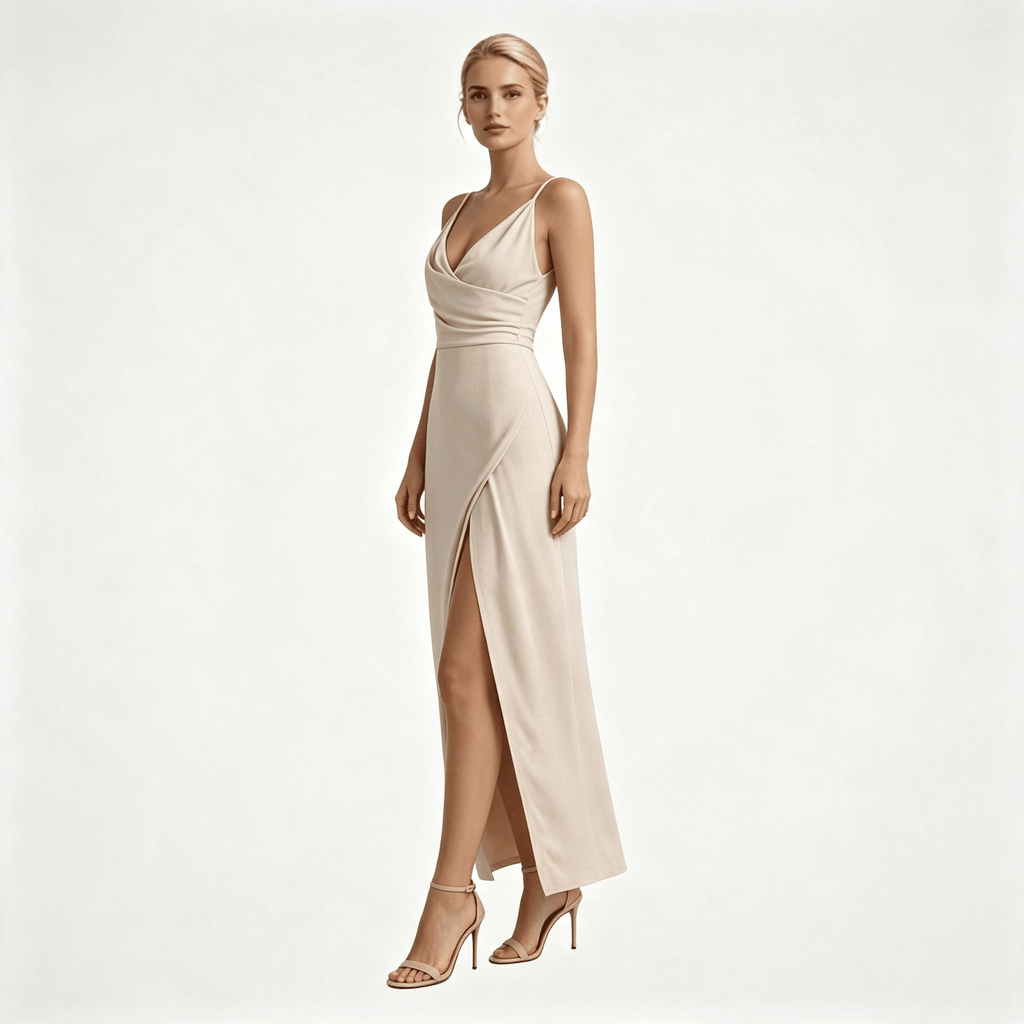 Womens Wedding Guest Slit Maxi Dress with Draped Bodic