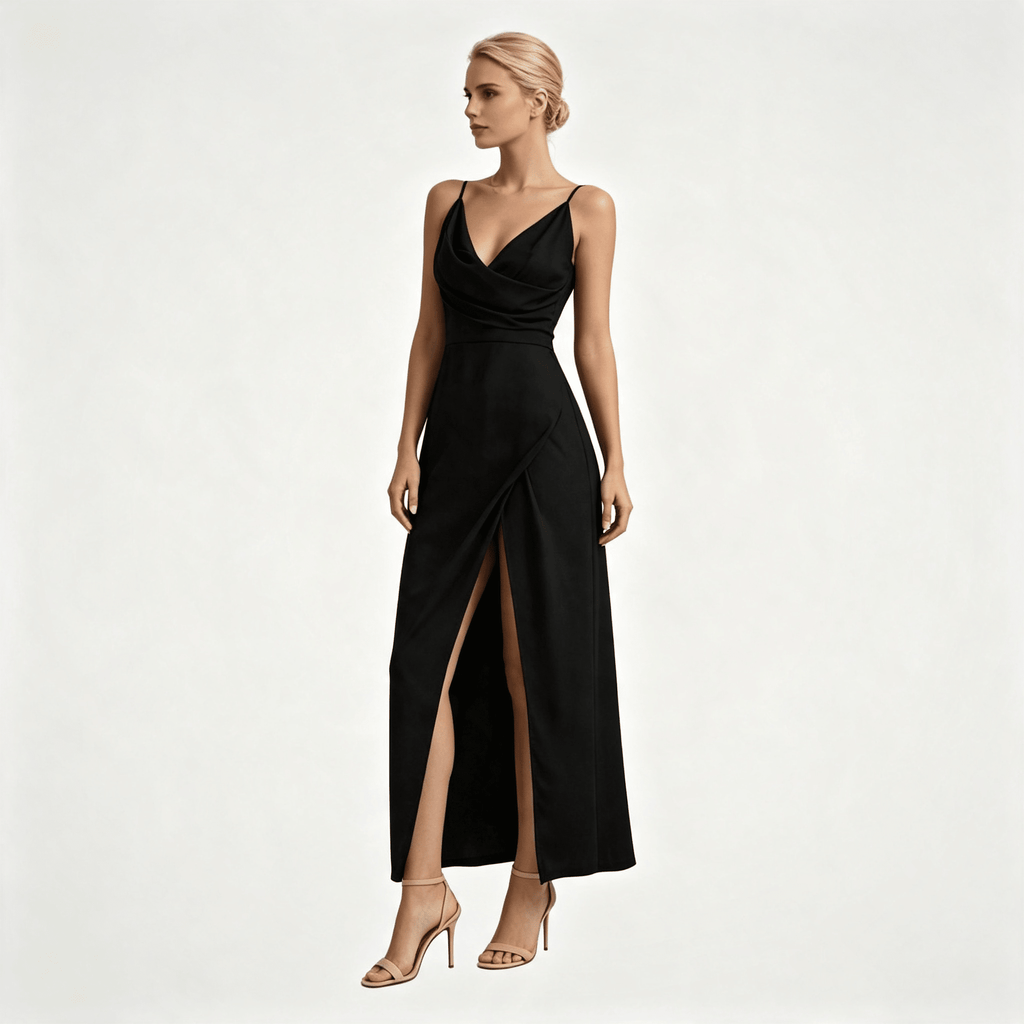 Womens Wedding Guest Slit Maxi Dress with Draped Bodic