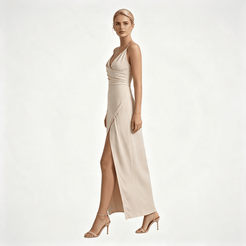 Womens Wedding Guest Slit Maxi Dress with Draped Bodic
