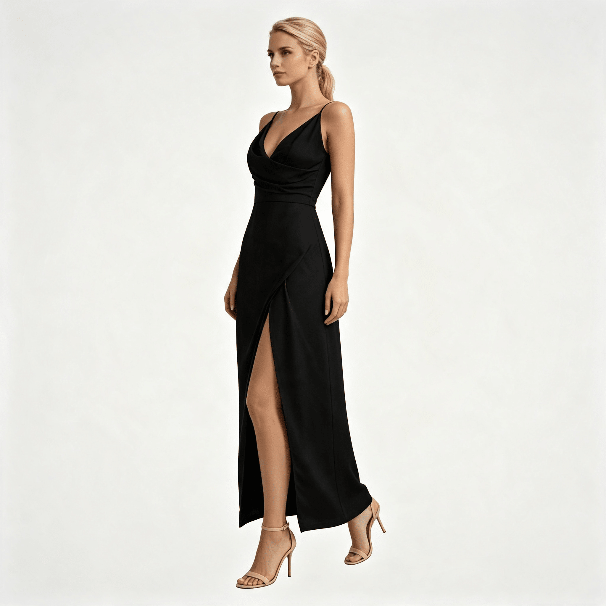 Womens Wedding Guest Slit Maxi Dress with Draped Bodic
