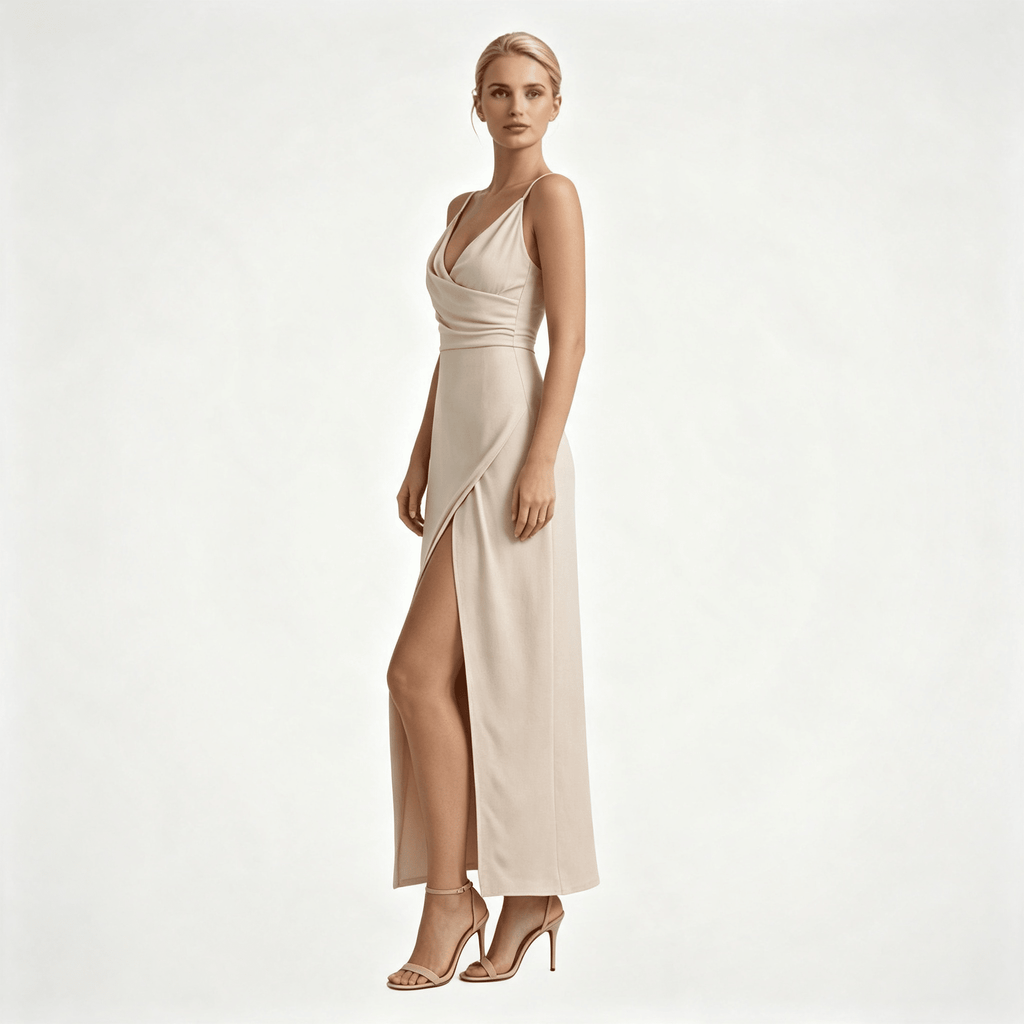 Womens Wedding Guest Slit Maxi Dress with Draped Bodic